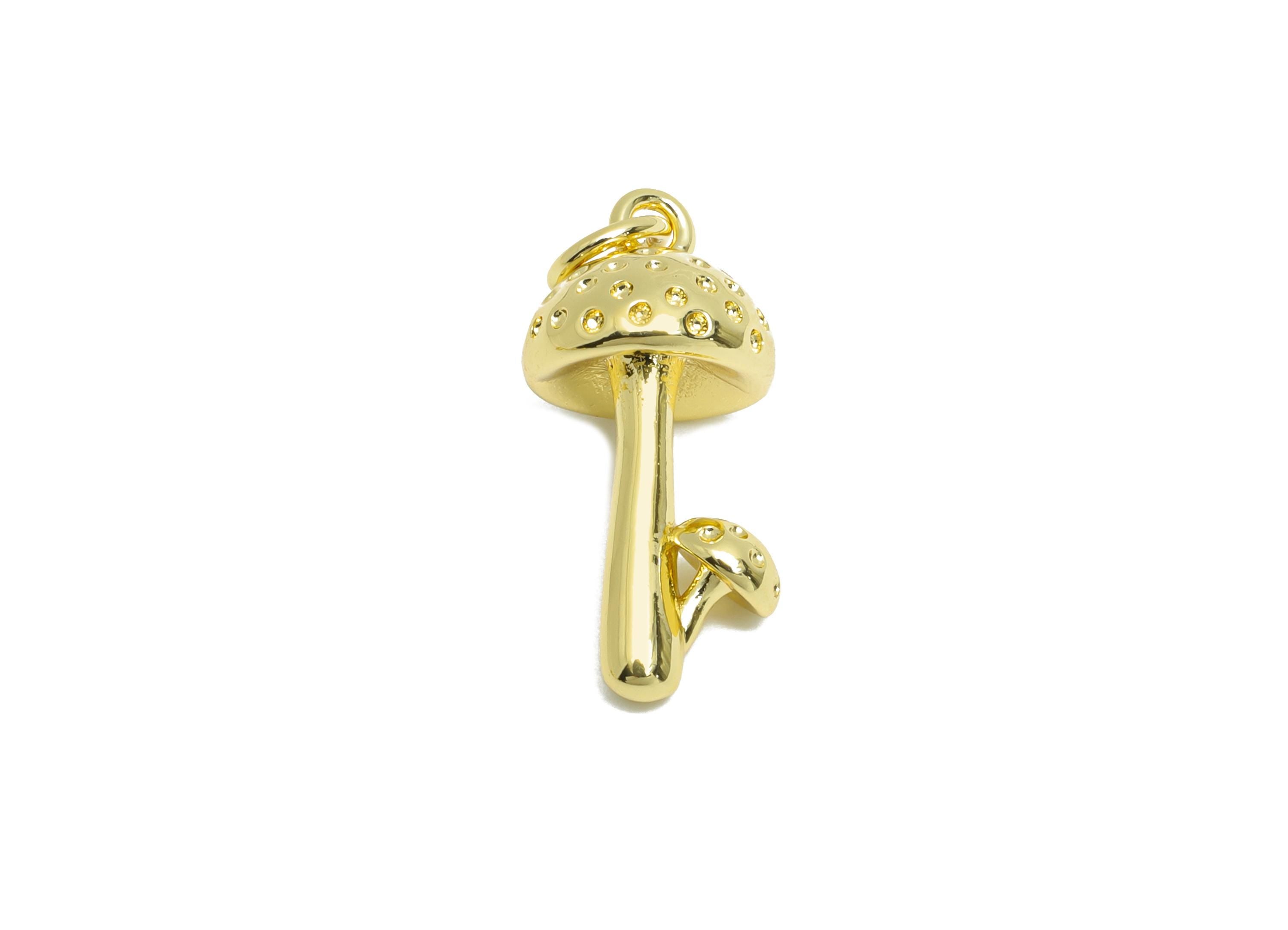 Brass Mushroom Pendant - Gold Textured Nature Pendant - Statement Necklace Jewelry DIY - 18K Real Gold-Plated - 19.22x9.35x9.35mm - RGP10587 - DOMEDBAZAAR
