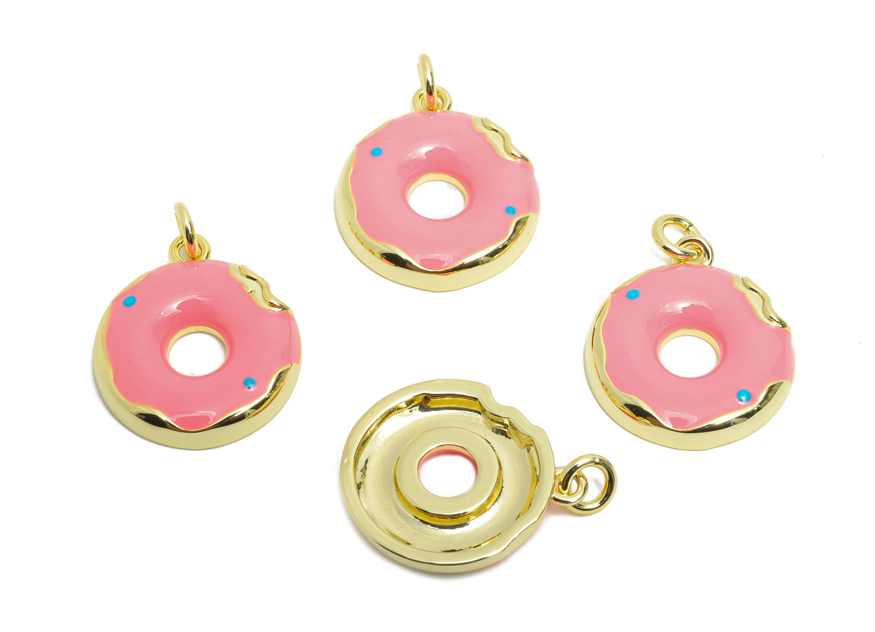 Brass Pink Donut Pendant - Colorful Enamel Dessert Pendant - Fun Necklace Jewelry DIY - 18K Real Gold-Plated - 15.72x13.6x2.44mm - RGP10576 - DOMEDBAZAAR