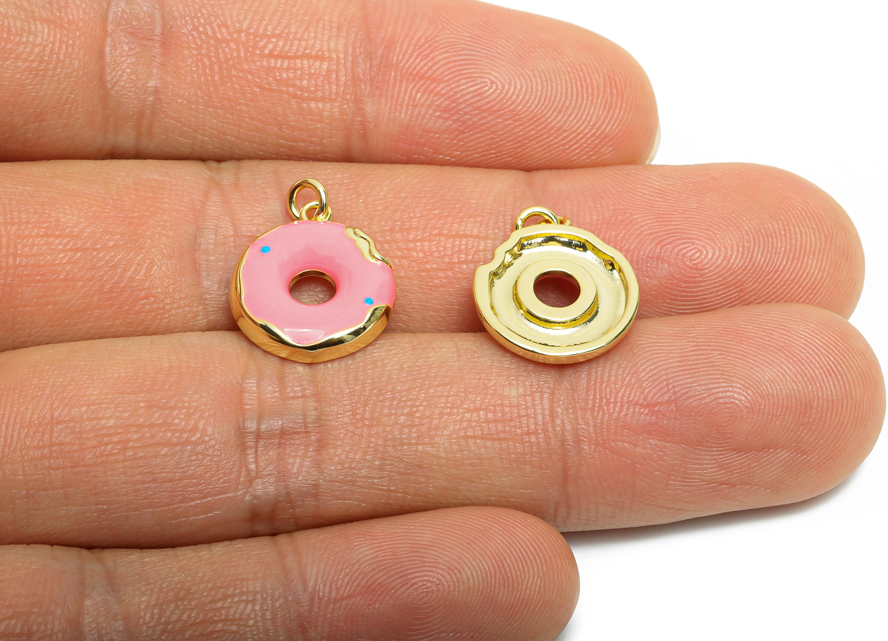 Brass Pink Donut Pendant - Colorful Enamel Dessert Pendant - Fun Necklace Jewelry DIY - 18K Real Gold-Plated - 15.72x13.6x2.44mm - RGP10576 - DOMEDBAZAAR