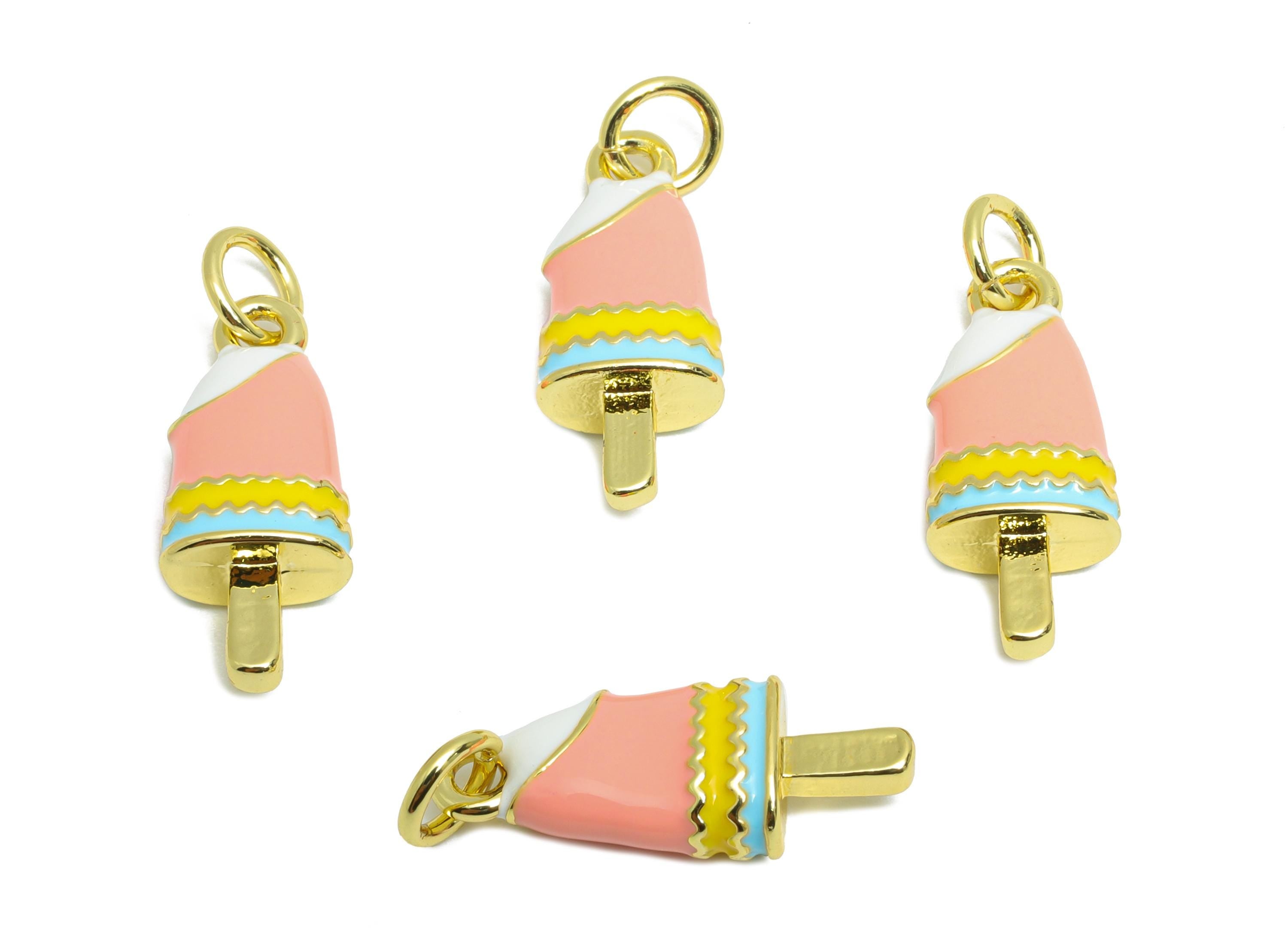 Brass Ice Cream Bracelet Charm - Colorful Enamel Popsicle Pendant - Fun Summer Jewelry - 18K Real Gold-Plated - 16.6x7.47x4.47mm -RGP10535 - DOMEDBAZAAR