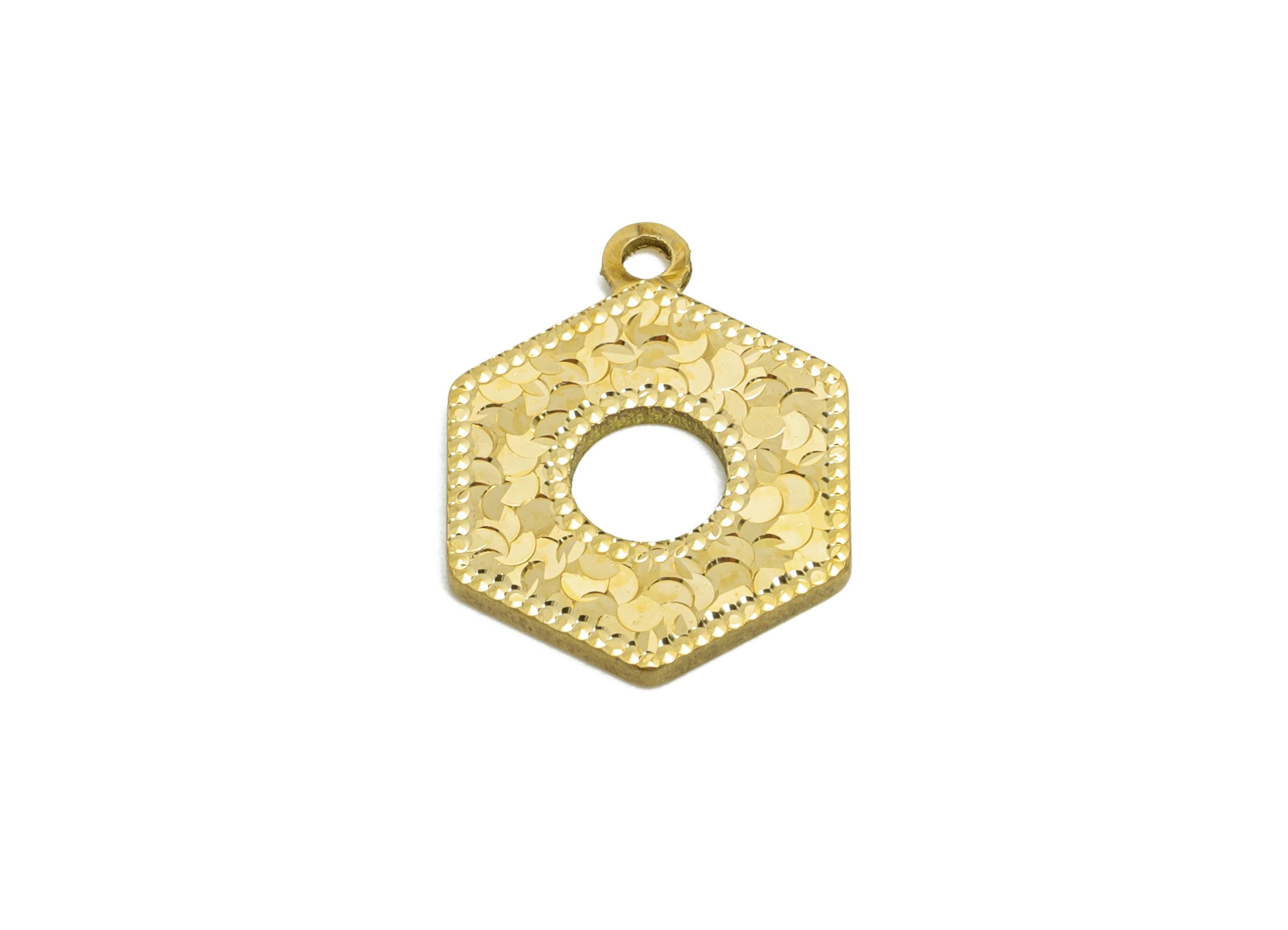 Brass Hexagon Earring Charm - Raw Brass Textured Shiny Geometry Charm - Vintage Shiny Charm - Textured Laser Cut - 16x12x1.3mm - PP11157 - DOMEDBAZAAR
