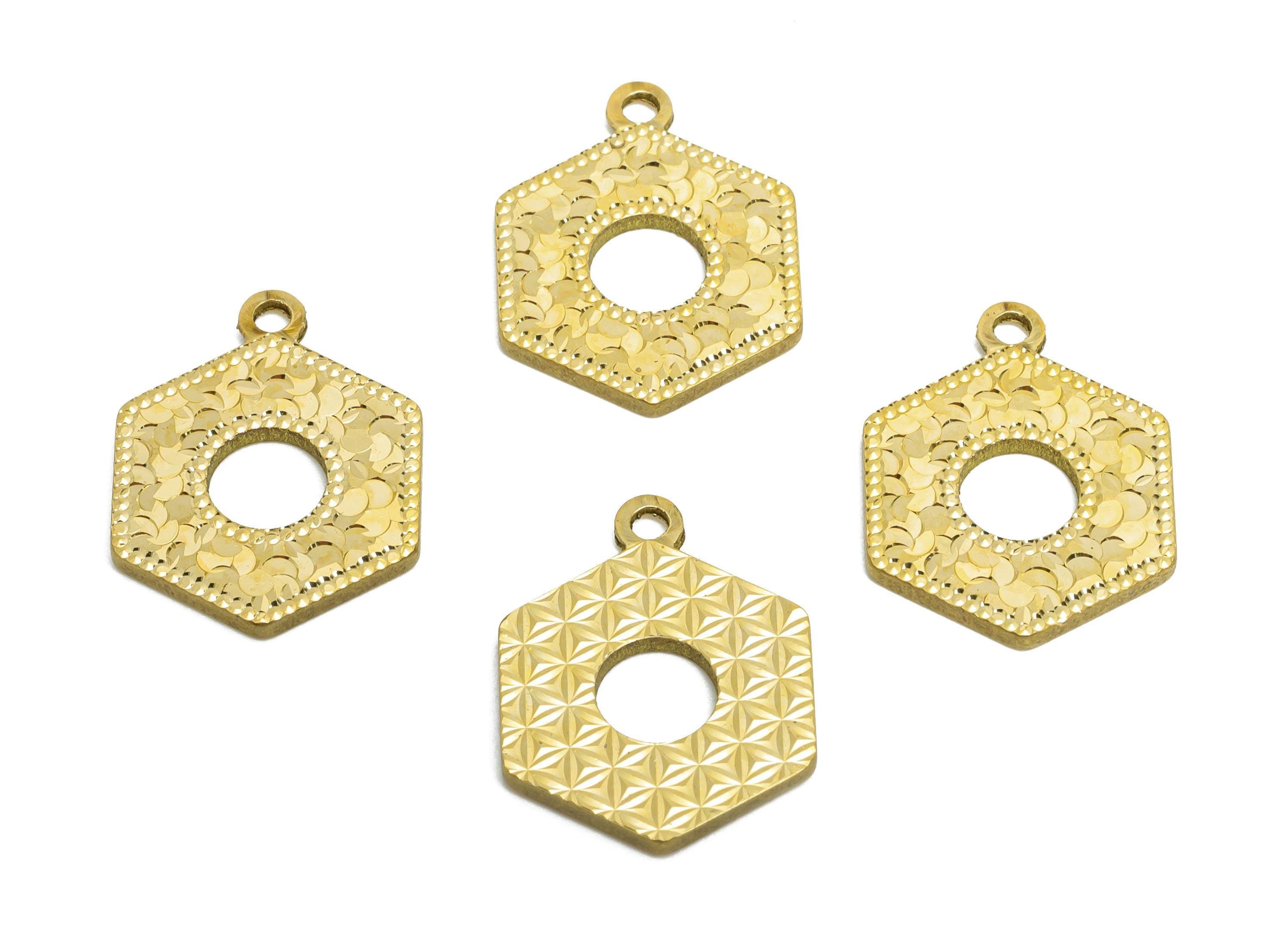 Brass Hexagon Earring Charm - Raw Brass Textured Shiny Geometry Charm - Vintage Shiny Charm - Textured Laser Cut - 16x12x1.3mm - PP11157 - DOMEDBAZAAR