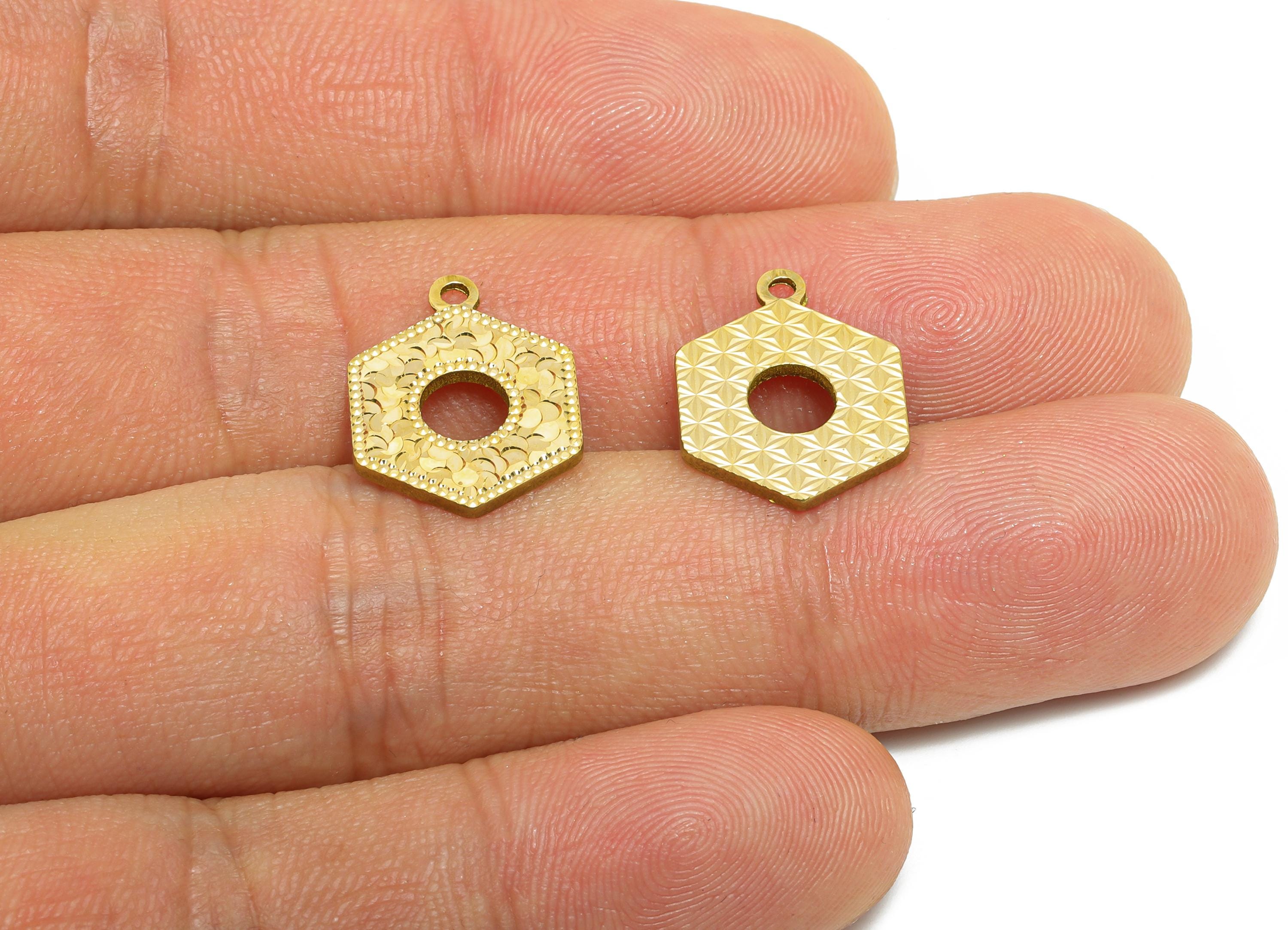 Brass Hexagon Earring Charm - Raw Brass Textured Shiny Geometry Charm - Vintage Shiny Charm - Textured Laser Cut - 16x12x1.3mm - PP11157 - DOMEDBAZAAR