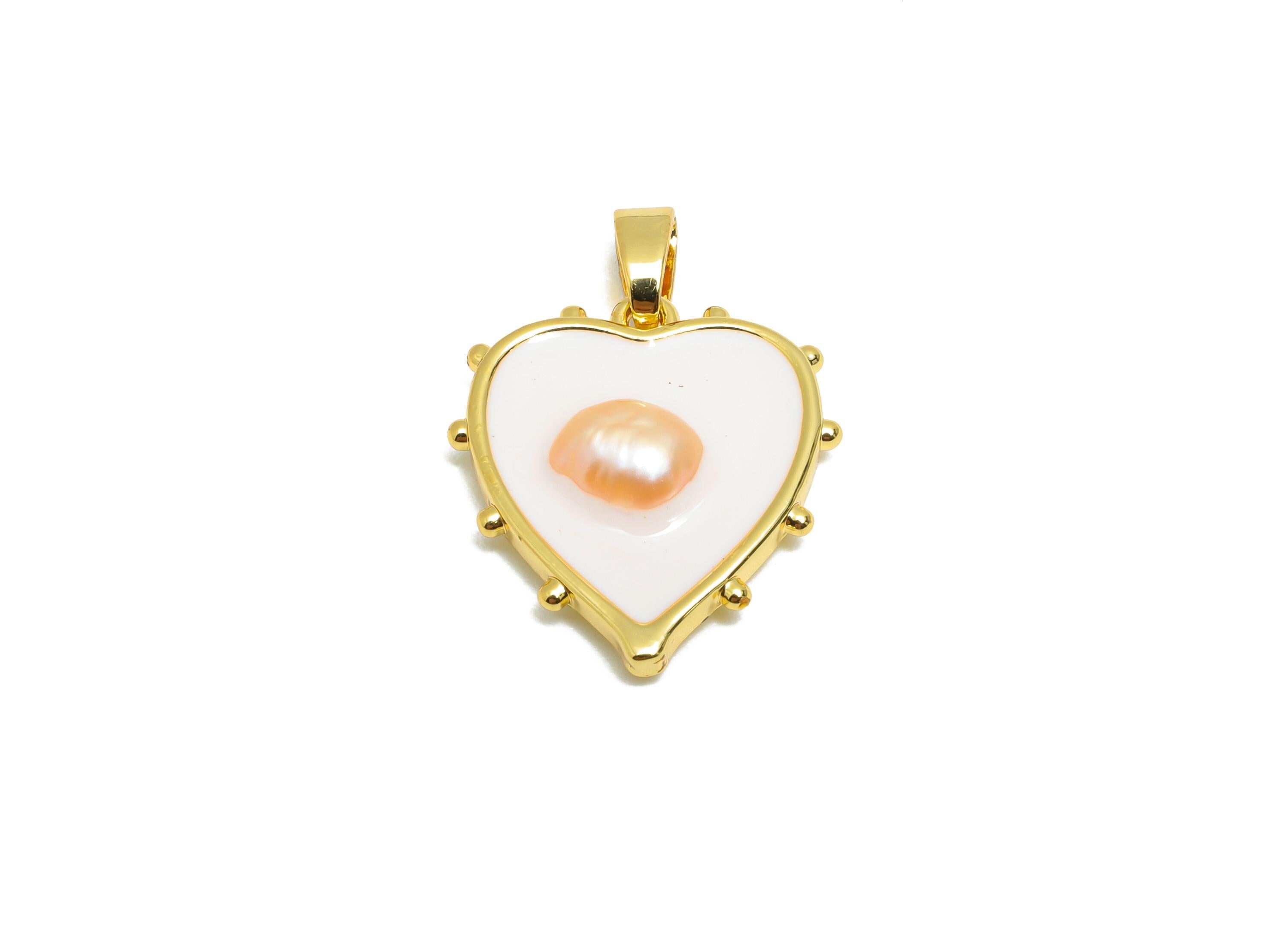 Pearl Heart Pendant - Brass Enamel Dainty with Pearl Charm - Classic Pearl Heart Charm - 18K Real Gold Plated - 18x16x4.72mm - RGP10677 - DOMEDBAZAAR