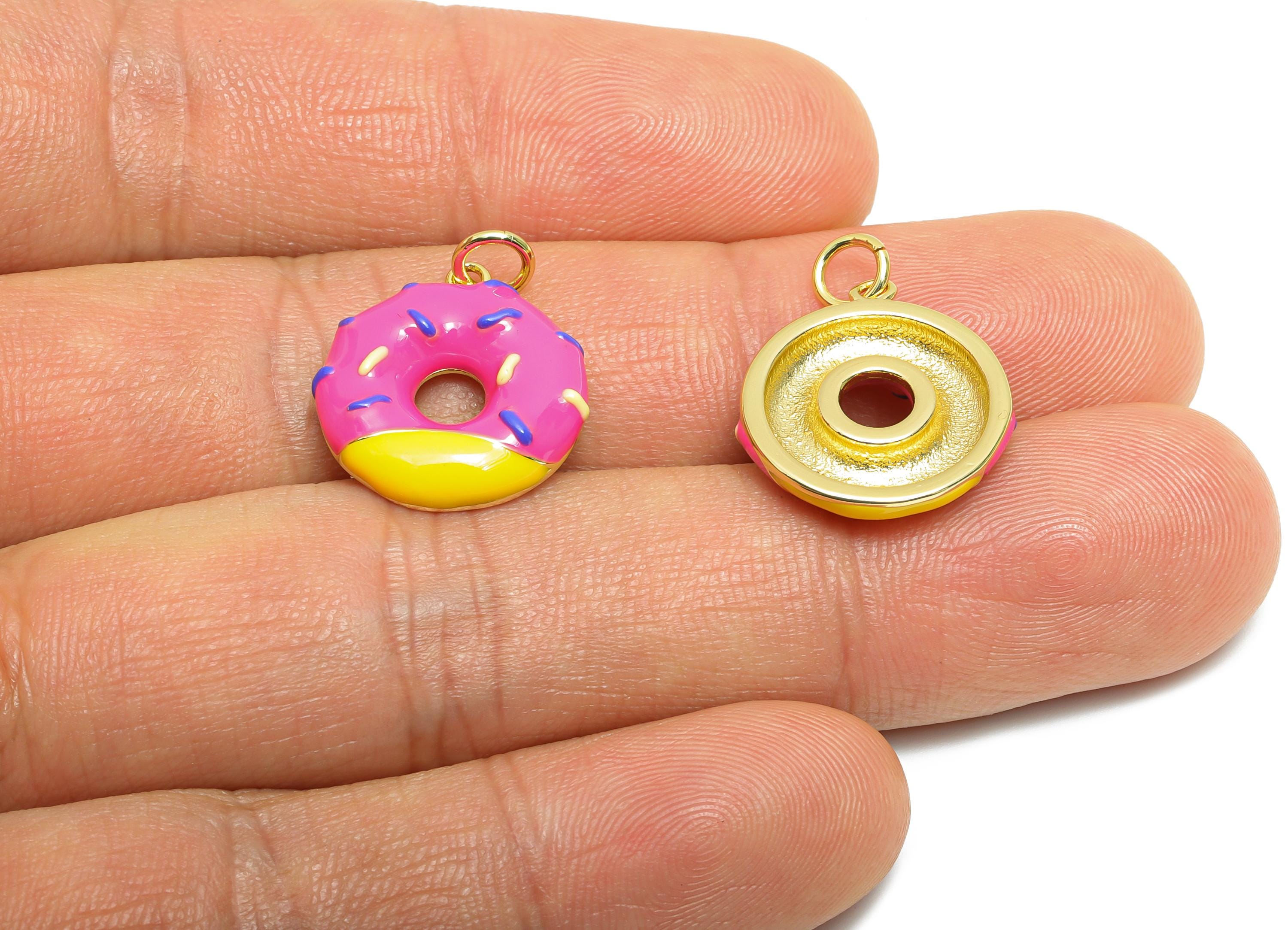 Brass Pink Donut Bracelet Charm - Colorful Enamel Dessert Pendant - Fun Jewelry Accessories - 18K Real Gold-Plated - 18x16x3.3mm - RGP10569A - DOMEDBAZAAR