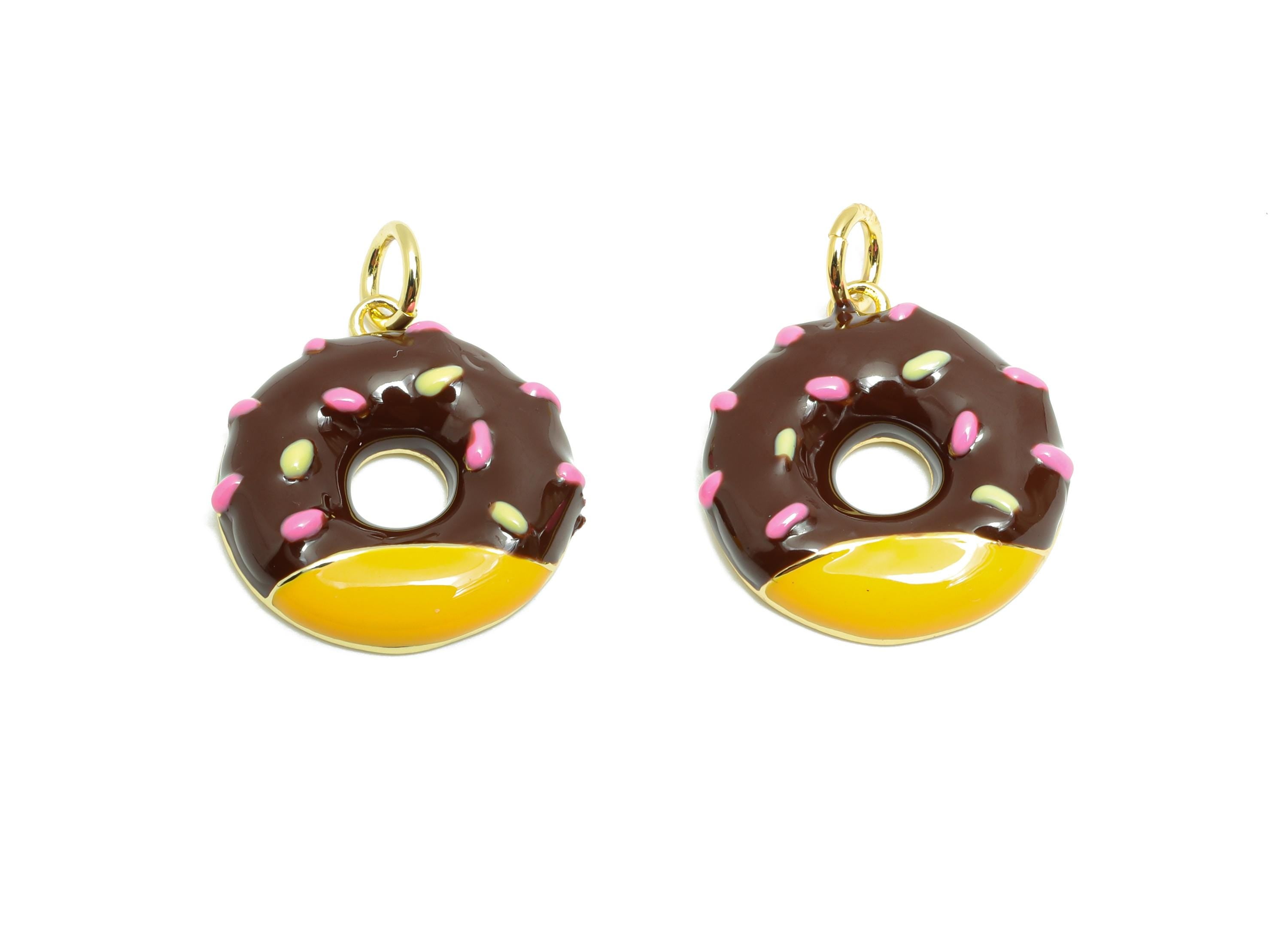Chocolate Donut Bracelet Charm- Colorful Enamel Dessert Pendant - Brass Jewelry Accessories - 18K Gold-Plated - 17.97x16.15x3.3mm -RGP10569B - DOMEDBAZAAR