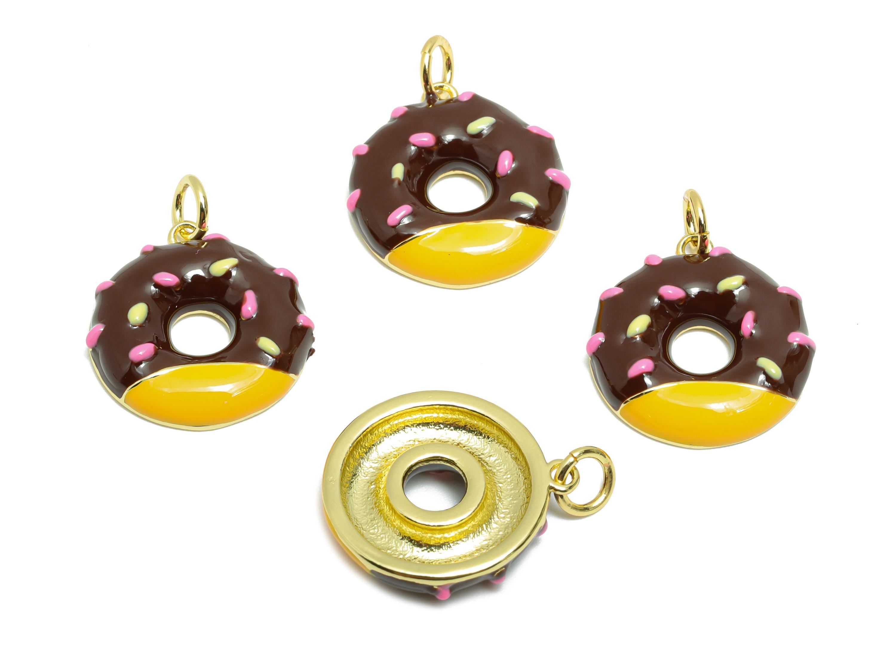 Chocolate Donut Bracelet Charm- Colorful Enamel Dessert Pendant - Brass Jewelry Accessories - 18K Gold-Plated - 17.97x16.15x3.3mm -RGP10569B - DOMEDBAZAAR