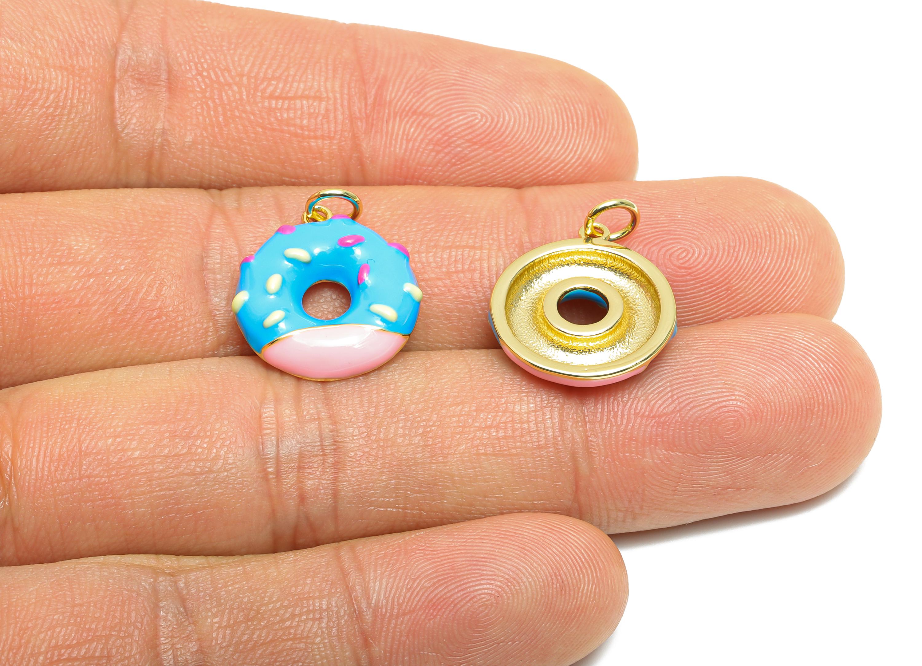 Brass Blue Donut Bracelet Charm - Colorful Enamel Dessert Pendant - Fun Jewelry Accessories - 18K Real Gold-Plated - 18x16.15x3mm -RGP10569C - DOMEDBAZAAR
