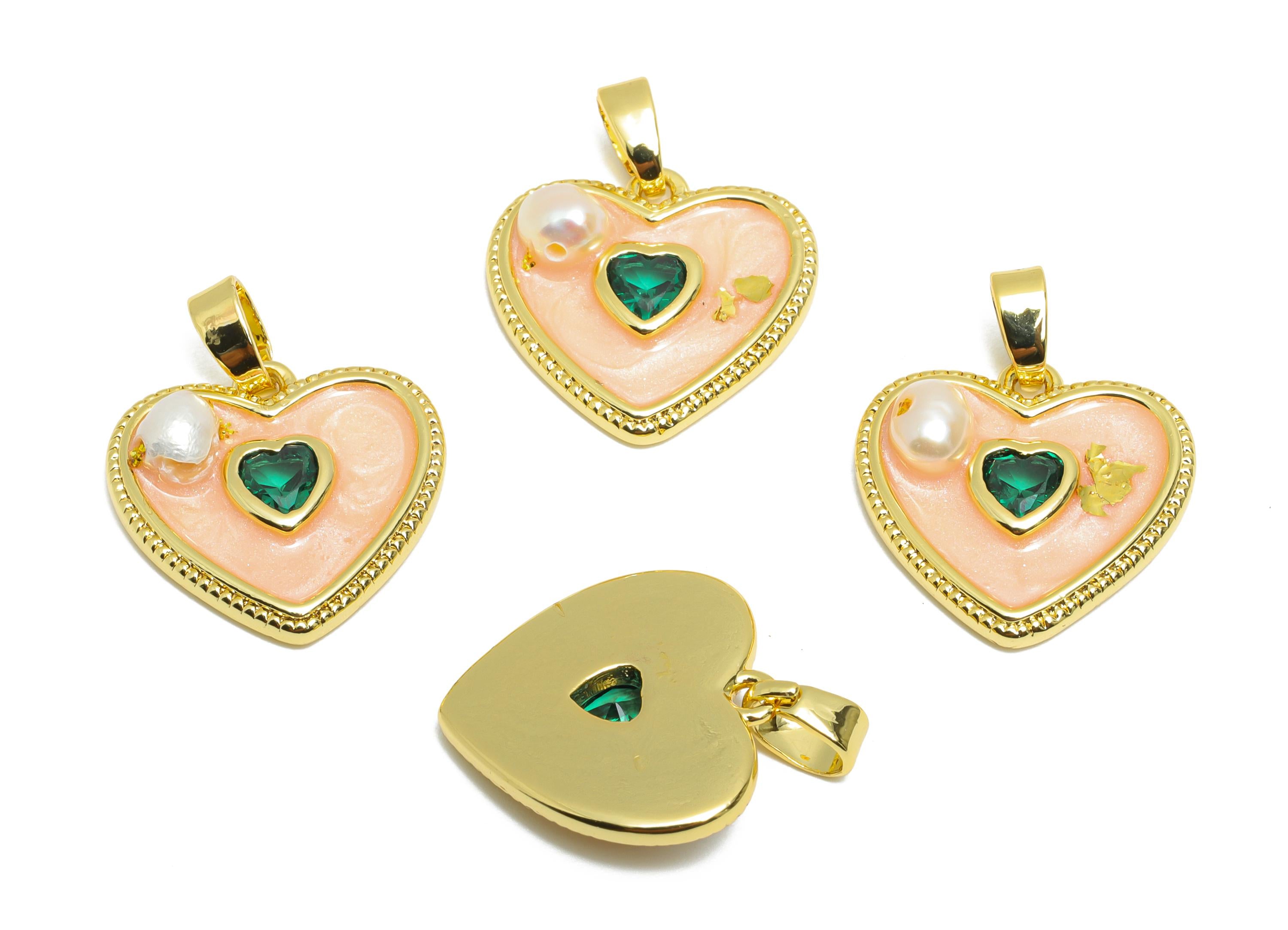 Pearl Heart Pendant - Brass Enamel Dainty with Pearl Charm - Classic Pearl CZ Heart Charm - 18K Real Gold Plated - 18x16.4x4.5mm - RGP10690 - DOMEDBAZAAR