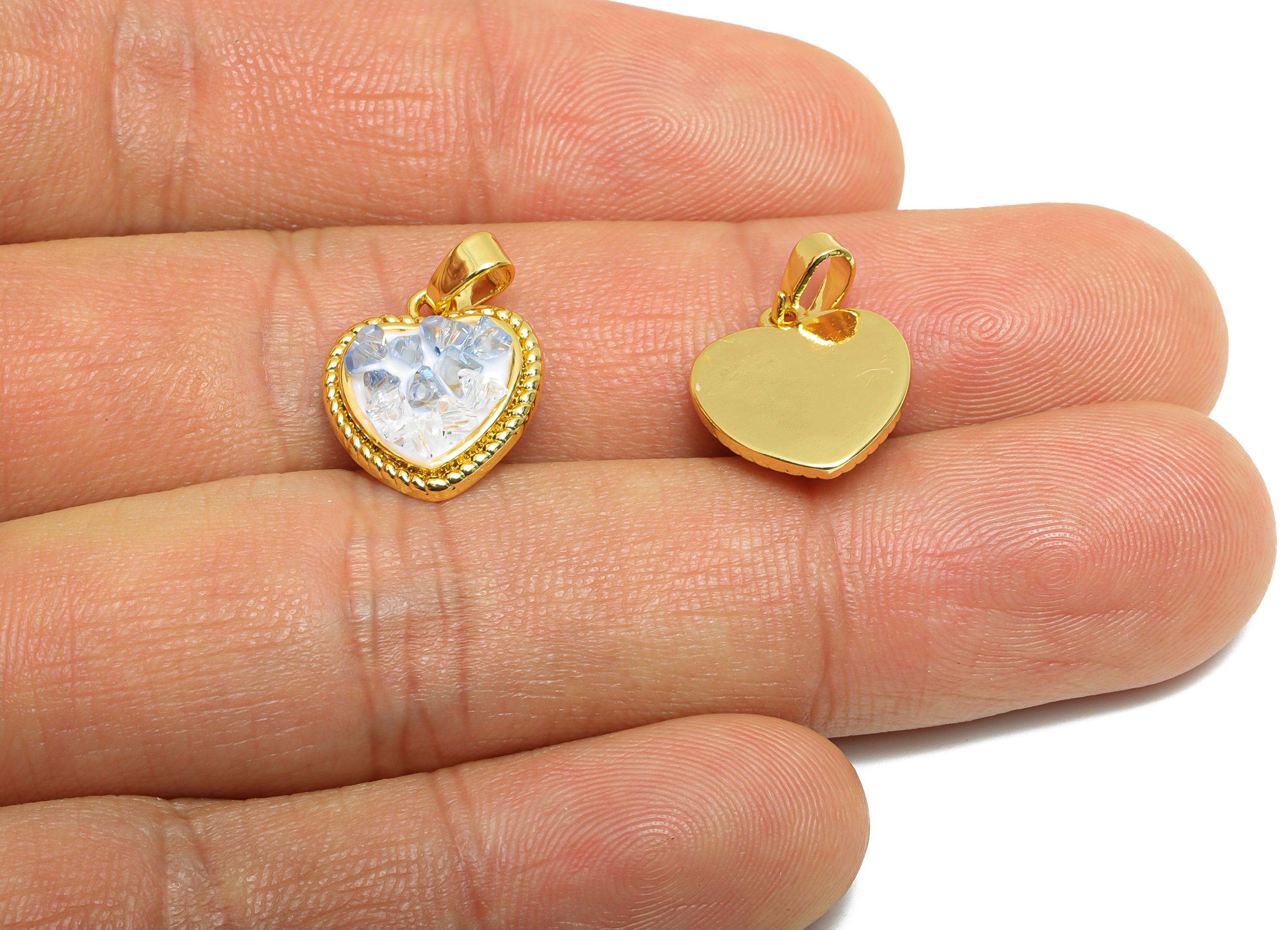 Brass Heart Pendant - Gold Textured Enamel CZ Pendant - Sparkling Necklace Jewelry DIY - 18K Real Gold-Plated - 14.3x12.56x3.78mm - RGP10684 - DOMEDBAZAAR