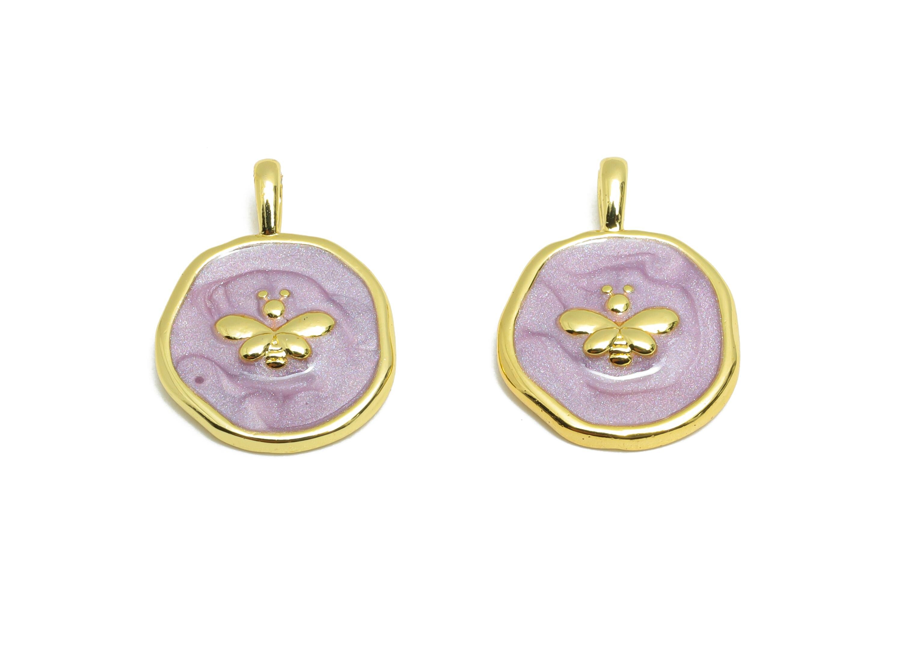 Brass Bee Pendant - Hammered Purple Enamel Bee Pendant - Elegant Jewelry Accessories - 18K Real Gold-Plated - 18.21x13.76x2.66mm - RGP10556 - DOMEDBAZAAR