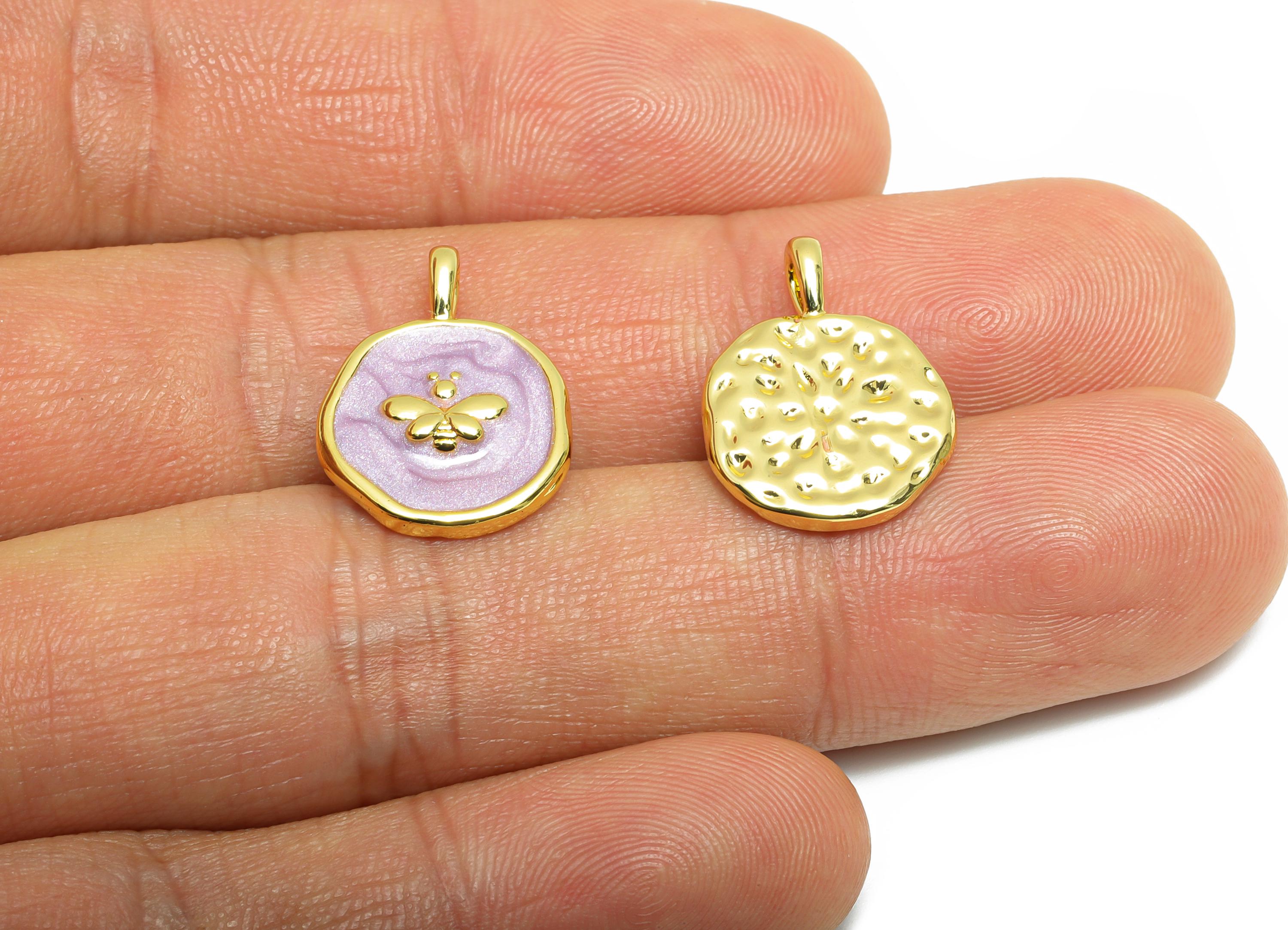 Brass Bee Pendant - Hammered Purple Enamel Bee Pendant - Elegant Jewelry Accessories - 18K Real Gold-Plated - 18.21x13.76x2.66mm - RGP10556 - DOMEDBAZAAR