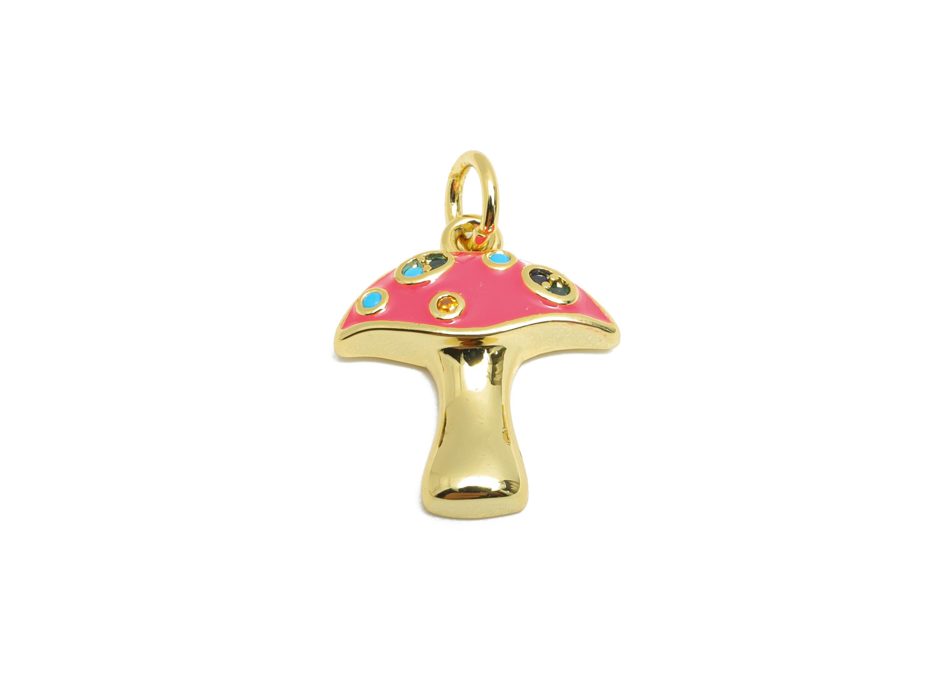 Brass Mushroom Pendant - Quirky Enamel CZ Nature Pendant - Statement Necklace Jewelry - 18K Real Gold-Plated - 16.25x13.7x3.63mm - RGP10561 - DOMEDBAZAAR