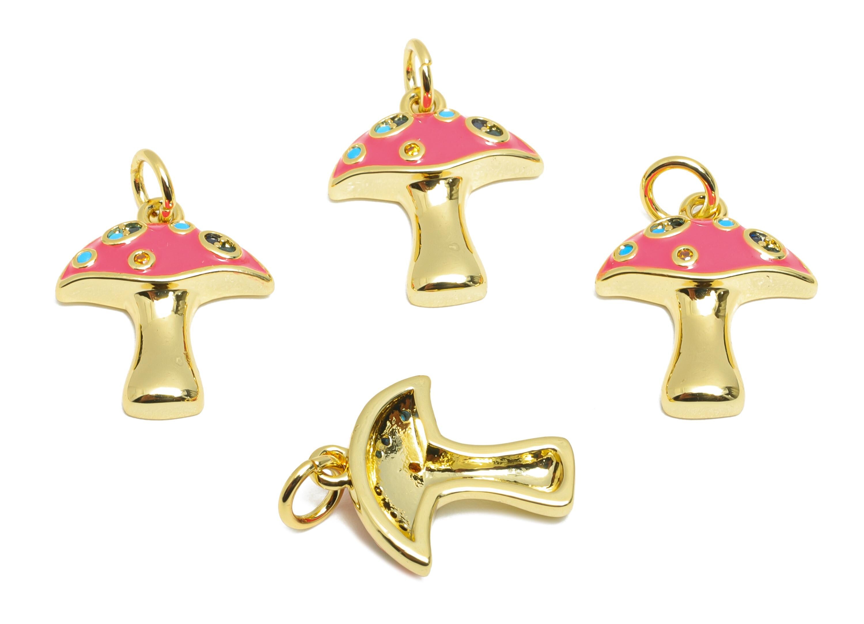 Brass Mushroom Pendant - Quirky Enamel CZ Nature Pendant - Statement Necklace Jewelry - 18K Real Gold-Plated - 16.25x13.7x3.63mm - RGP10561 - DOMEDBAZAAR