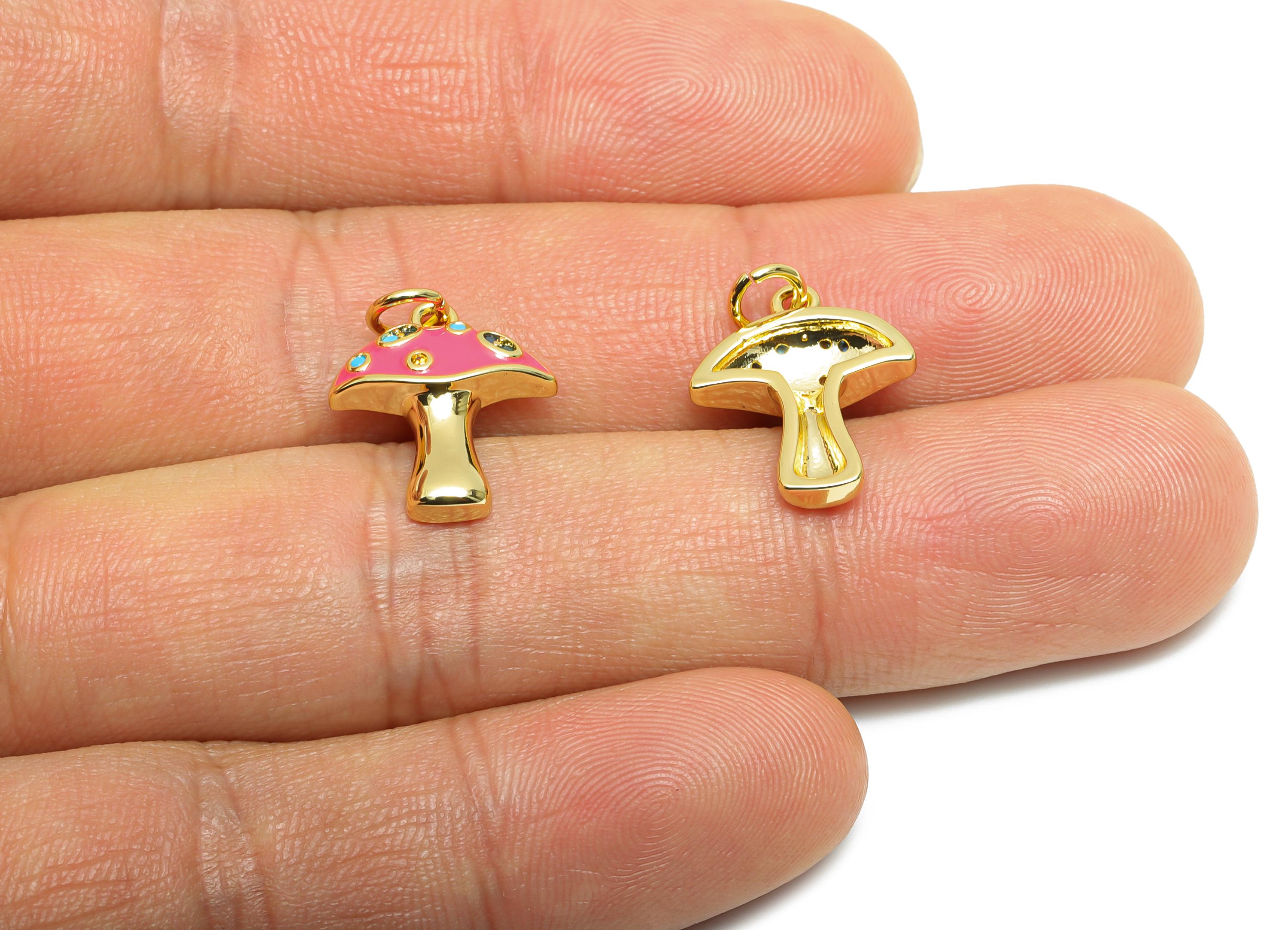 Brass Mushroom Pendant - Quirky Enamel CZ Nature Pendant - Statement Necklace Jewelry - 18K Real Gold-Plated - 16.25x13.7x3.63mm - RGP10561 - DOMEDBAZAAR