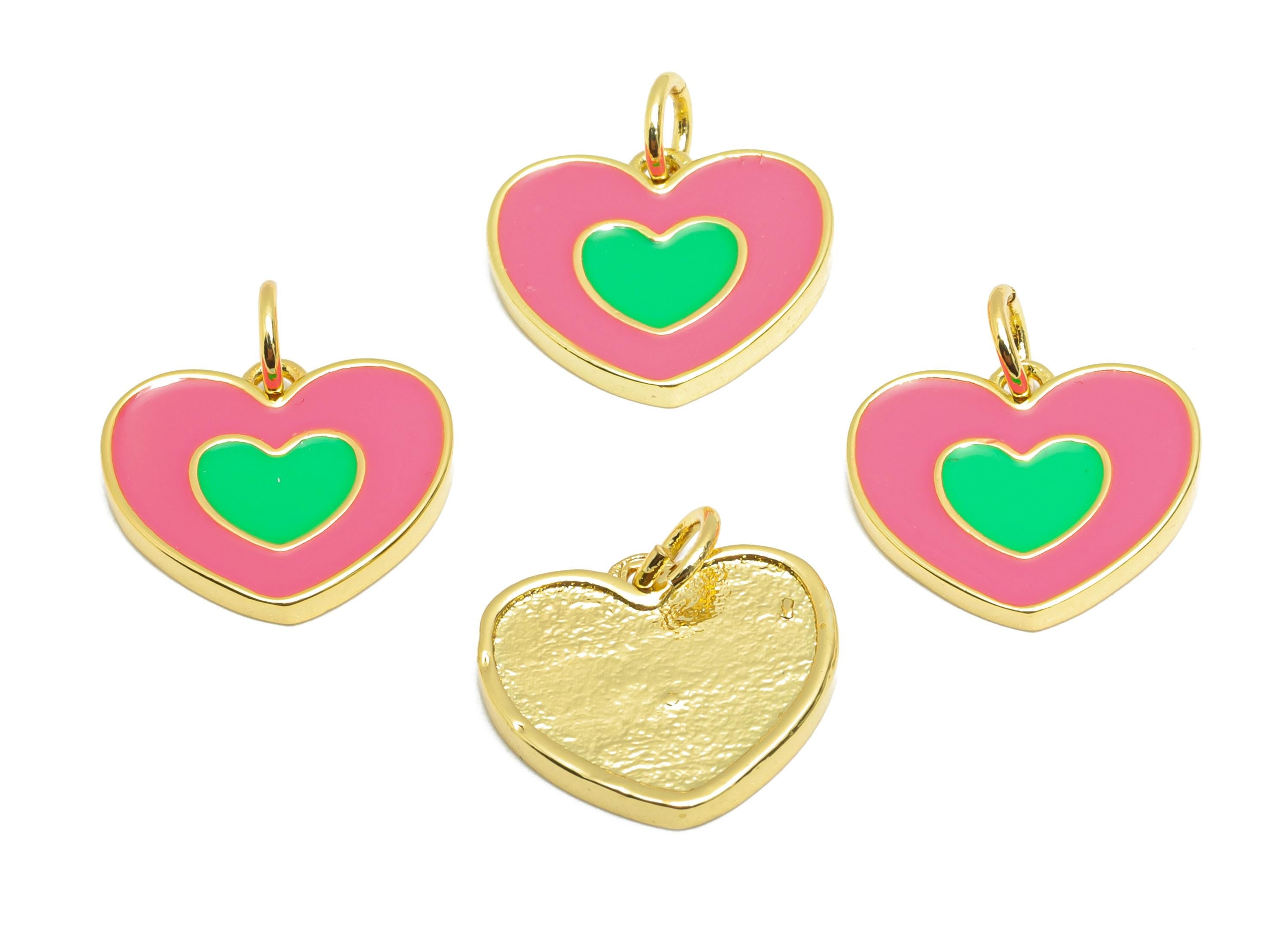Modern Heart Earring Charm - Brass Colorful Enamel Heart Charm - Gold Framed Heart Pendant - 18K Real Gold Plated - 13x14x1.82mm - RGP10557 - DOMEDBAZAAR