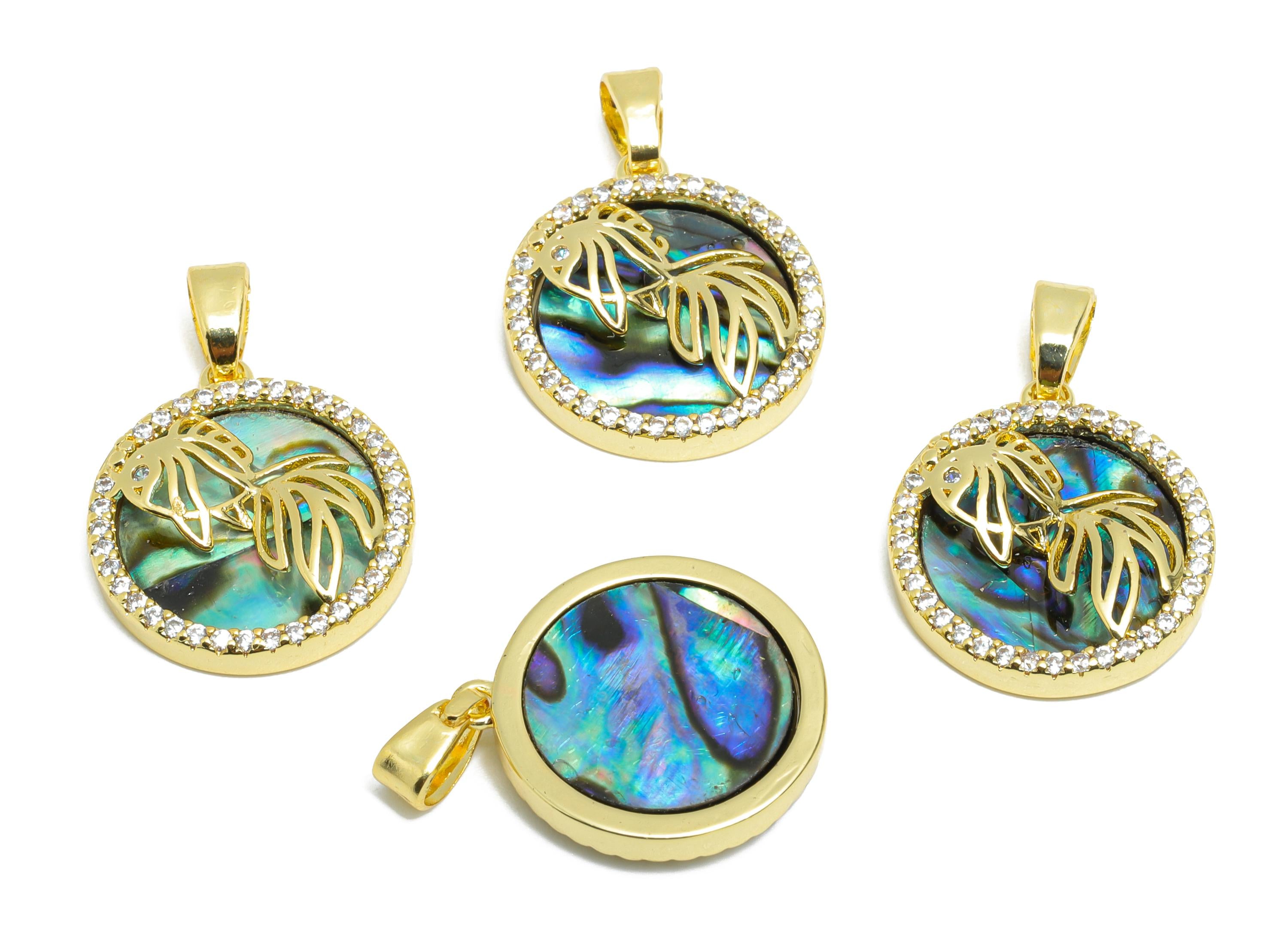 Shell Fish Pendant - Brass Abalone Shell Pendant with Fish - Ocean Gold Pendant - 18K Real Gold Plated - 16x14x3.59mm - RGP10649 - DOMEDBAZAAR