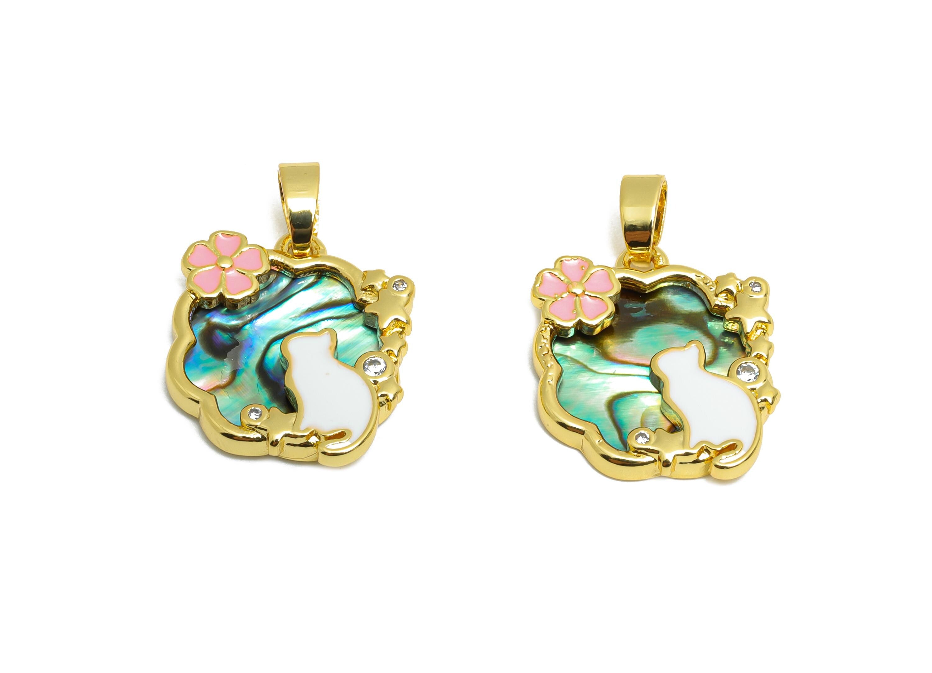 Brass Cat Floral Pendant - Brass Enamel Abalone Shell Pendant - Luxe Shell Cubic Zircon - 18K Real Gold Plated - 17x15x2mm - RGP10688 - DOMEDBAZAAR
