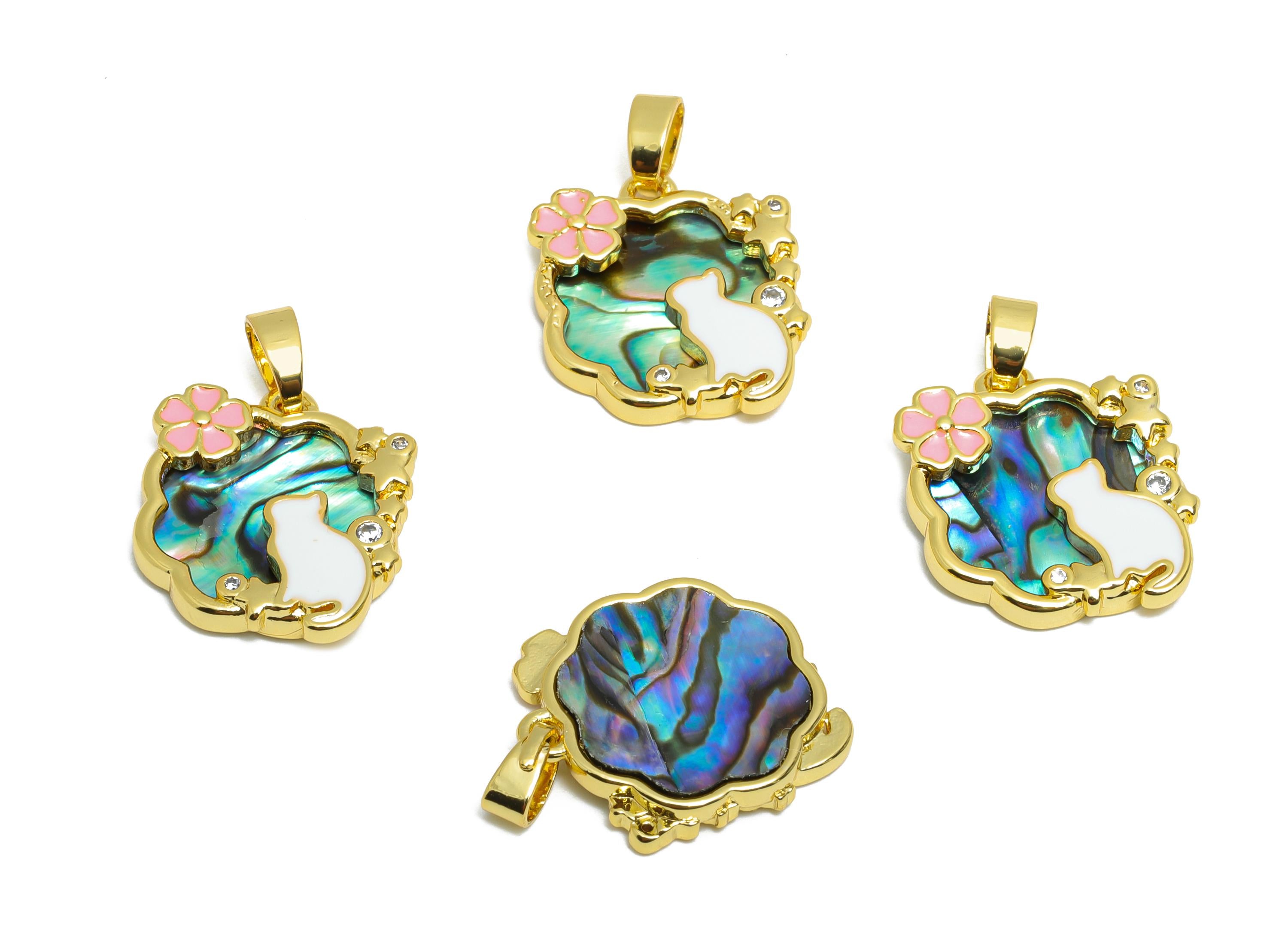 Brass Cat Floral Pendant - Brass Enamel Abalone Shell Pendant - Luxe Shell Cubic Zircon - 18K Real Gold Plated - 17x15x2mm - RGP10688 - DOMEDBAZAAR