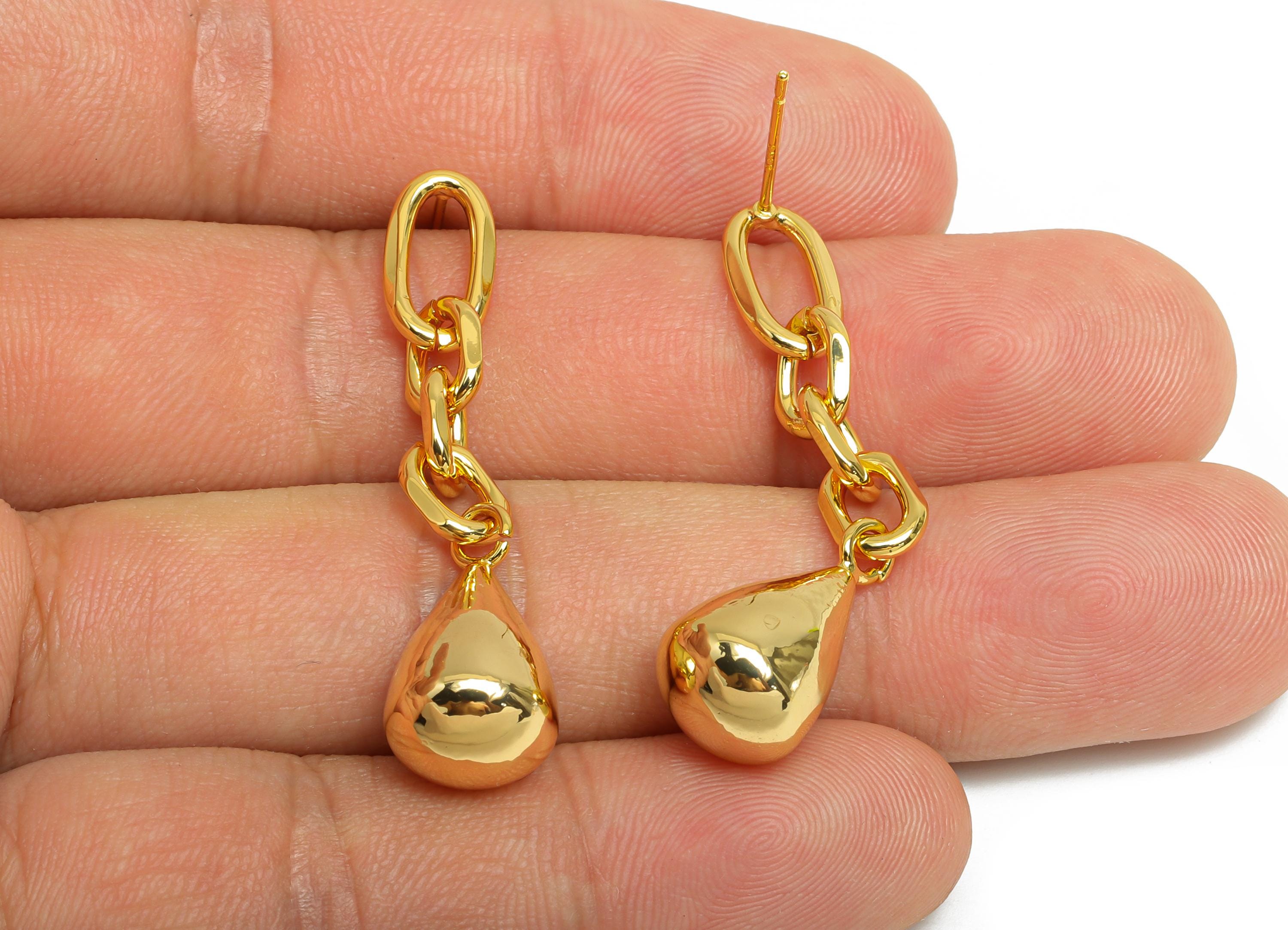 Brass Dangle Chain Earring - Gold Hanging Chain Earring Post - Interlock Drop Chain Earring - 18K Real Gold Plated - 42x9.91x9.91mm -RGP9508 - DOMEDBAZAAR
