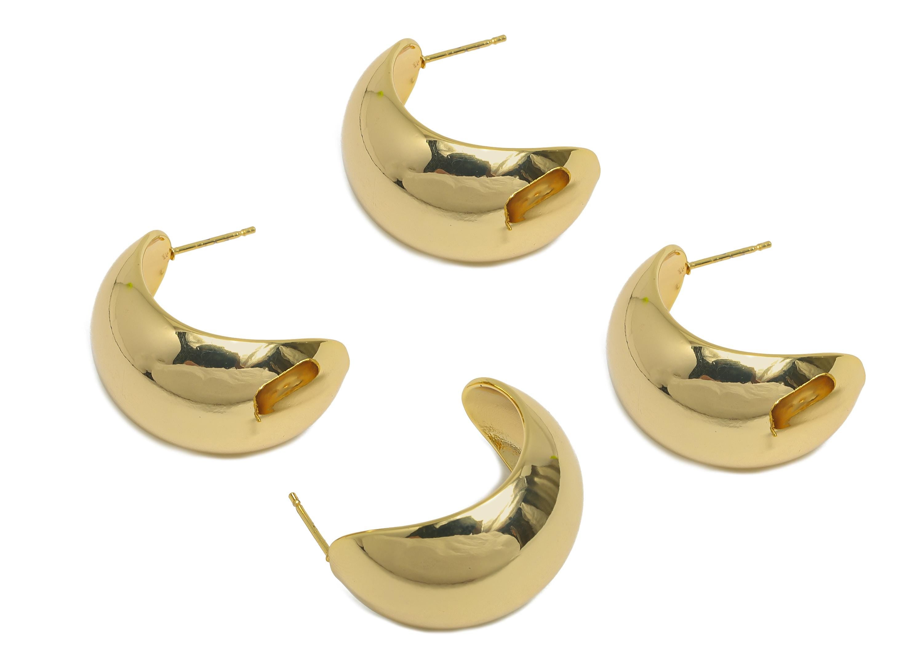 Gold Crescent Hoop Earring - Brass Bold Crescent Earring Stud - Chunky Crescent Earring Post - 18K Real Gold Plated - 25.5x18x15mm - RGP9521 - DOMEDBAZAAR