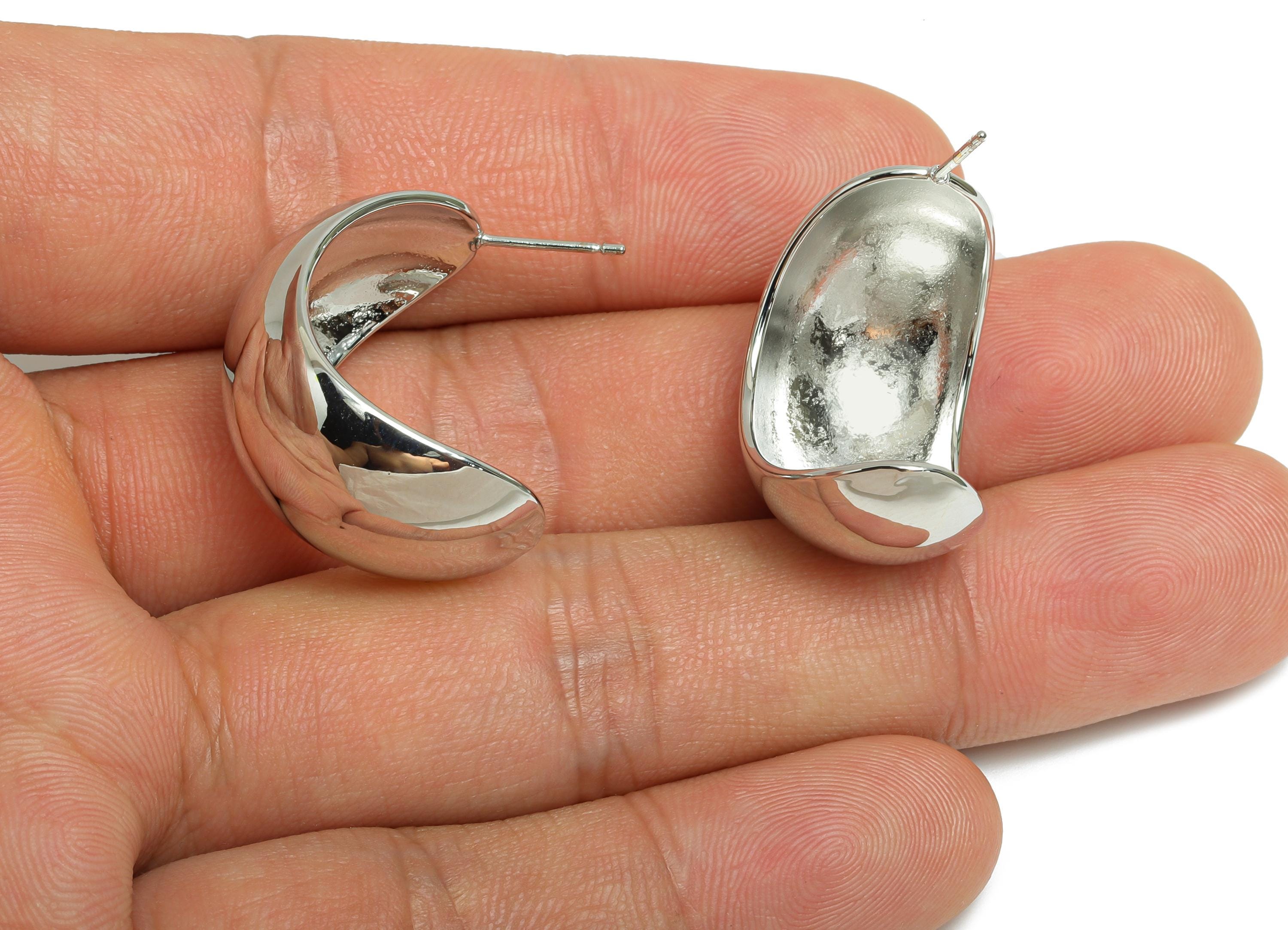 Brass Crescent Hoop Earring - Silver Bold Crescent Earring Stud - Chunky Crescent Earring Post -18K White Gold Plated -25.5x18x15mm-RGP9521S - DOMEDBAZAAR