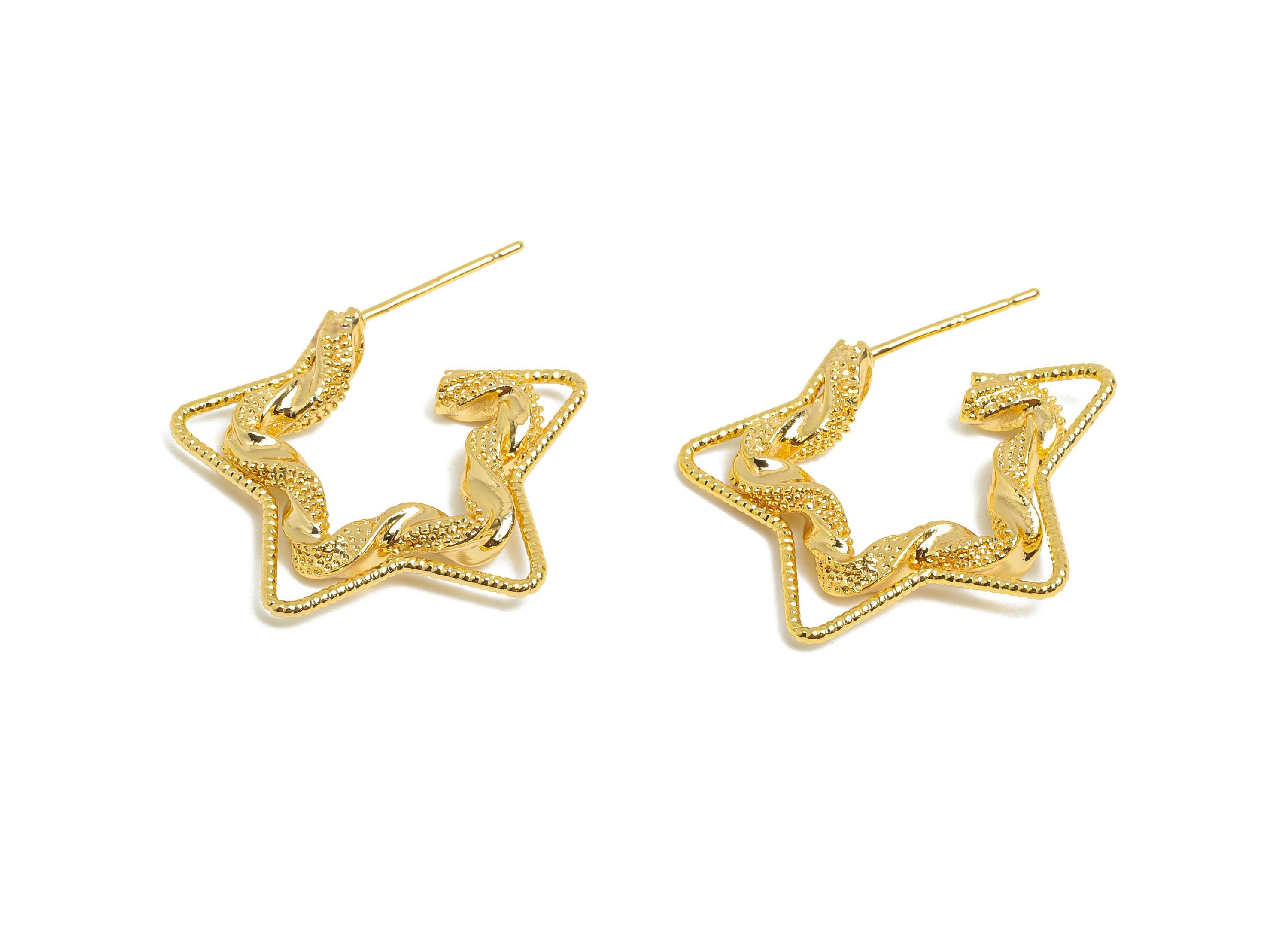 Brass Star Hoop Earring Stud - Gold Twisted Star Earring Post - Geometric Textured Earring - 18K Real Gold-Plated Brass -26x21x4mm - RGP9518 - DOMEDBAZAAR