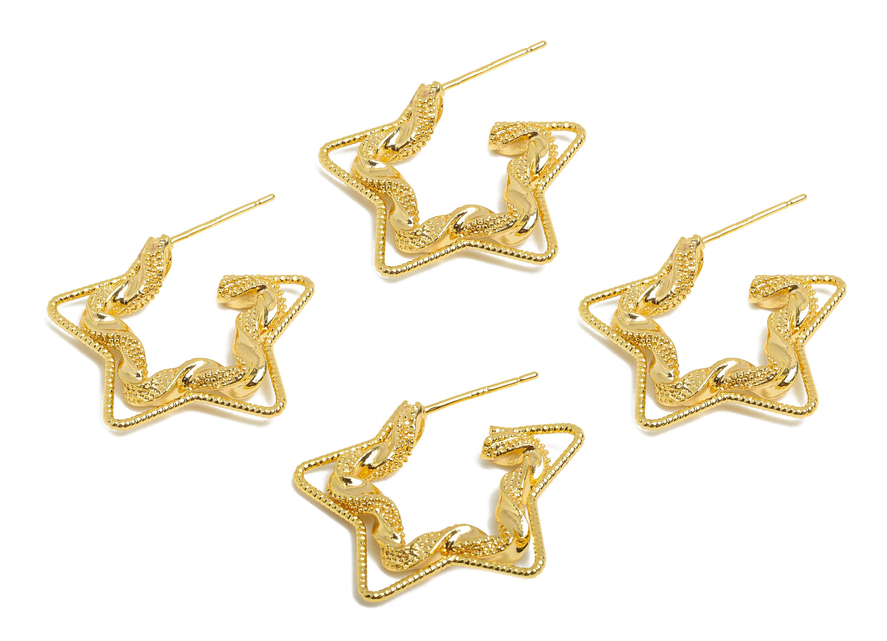 Brass Star Hoop Earring Stud - Gold Twisted Star Earring Post - Geometric Textured Earring - 18K Real Gold-Plated Brass -26x21x4mm - RGP9518 - DOMEDBAZAAR