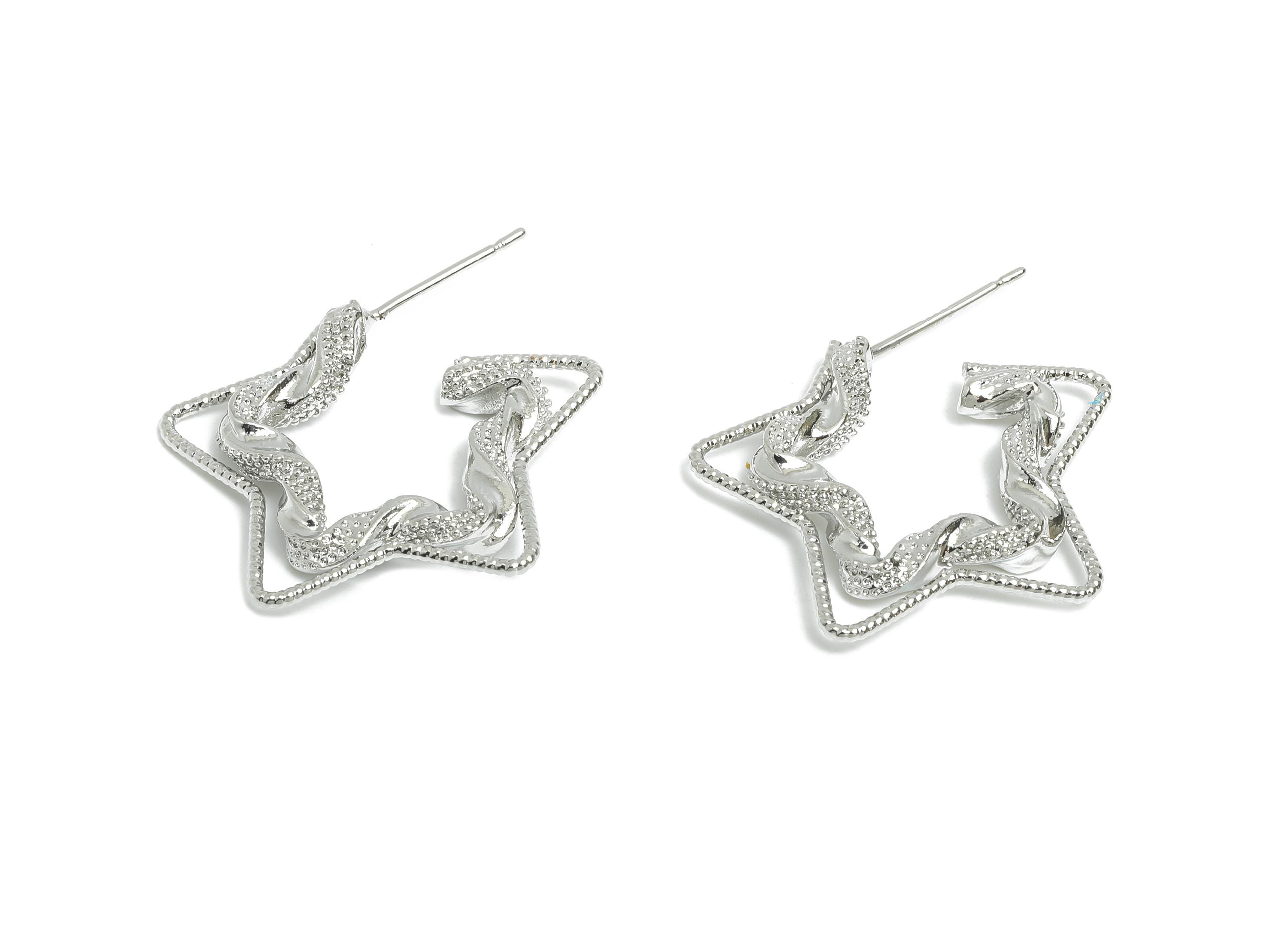 Brass Star Hoop Earring Stud - Silver Twisted Star Earring Post - Geometric Textured Earrings - 18K White Gold-Plated -26x21x4mm - RGP9518S - DOMEDBAZAAR