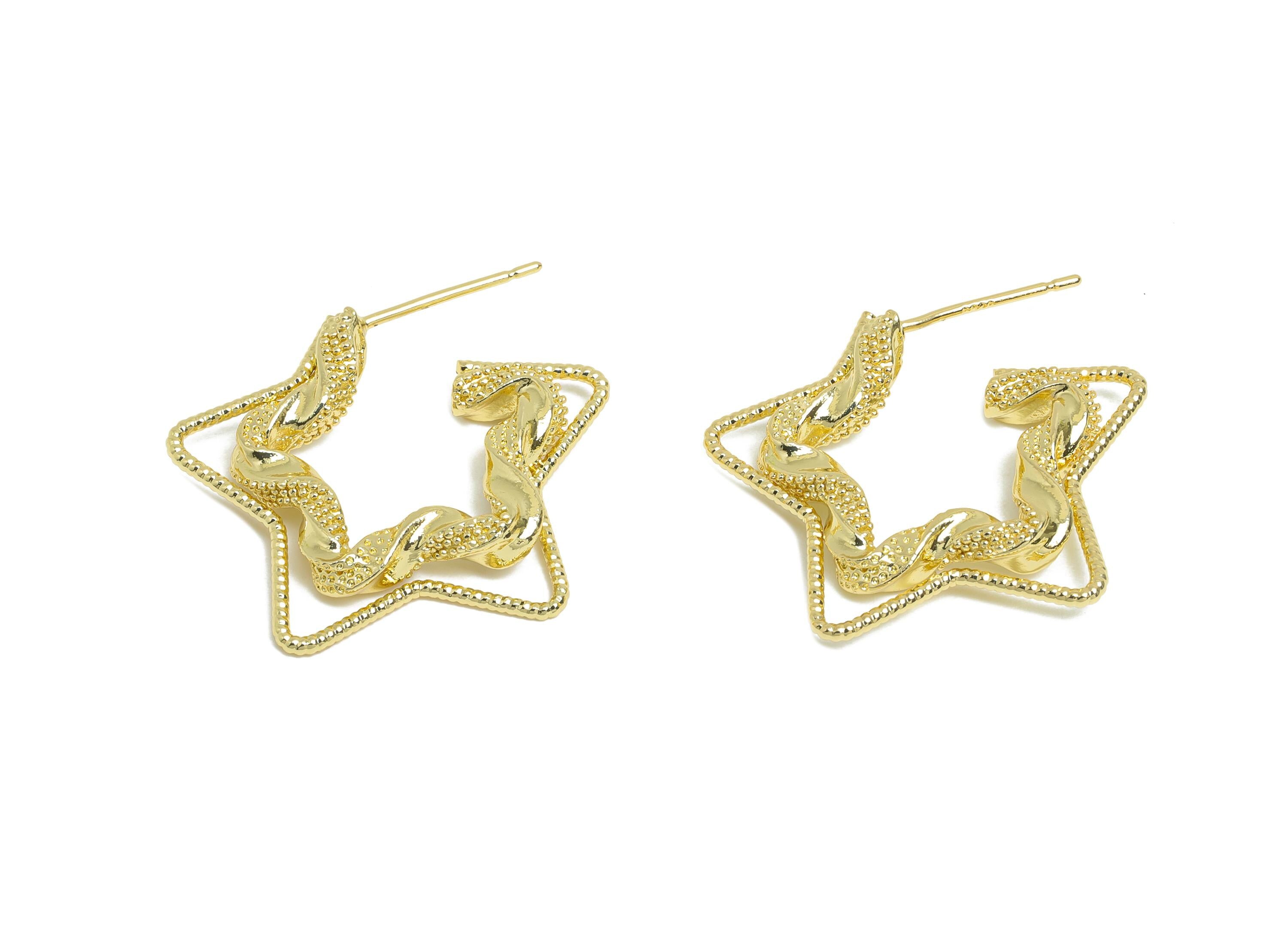 Brass Star Hoop Earring Stud - Gold Twisted Star Earrings Post - Geometric Textured Earrings - 14K Real Gold-Plated -26x21x4mm - RGP9518-14 - DOMEDBAZAAR