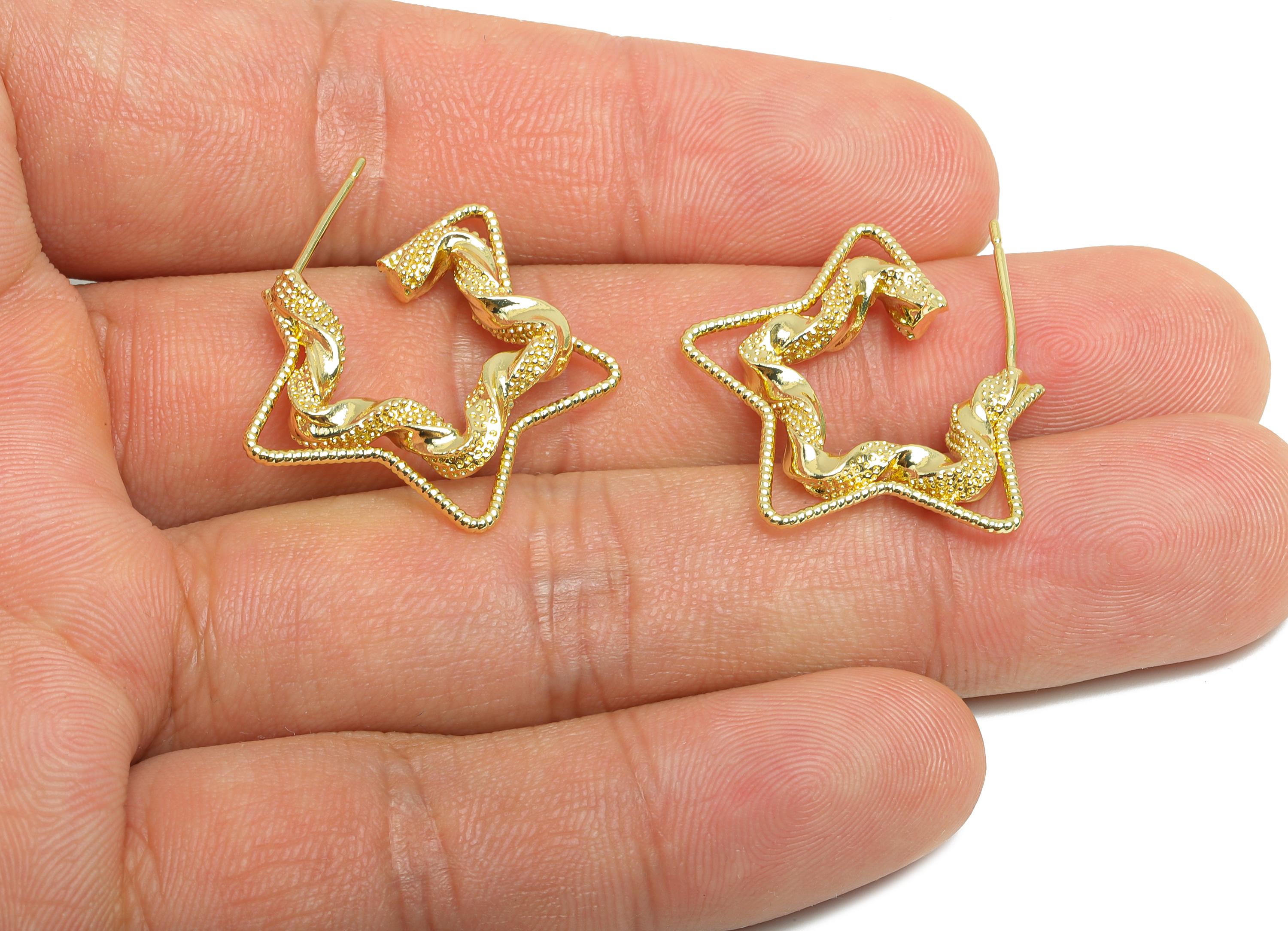Brass Star Hoop Earring Stud - Gold Twisted Star Earrings Post - Geometric Textured Earrings - 14K Real Gold-Plated -26x21x4mm - RGP9518-14 - DOMEDBAZAAR