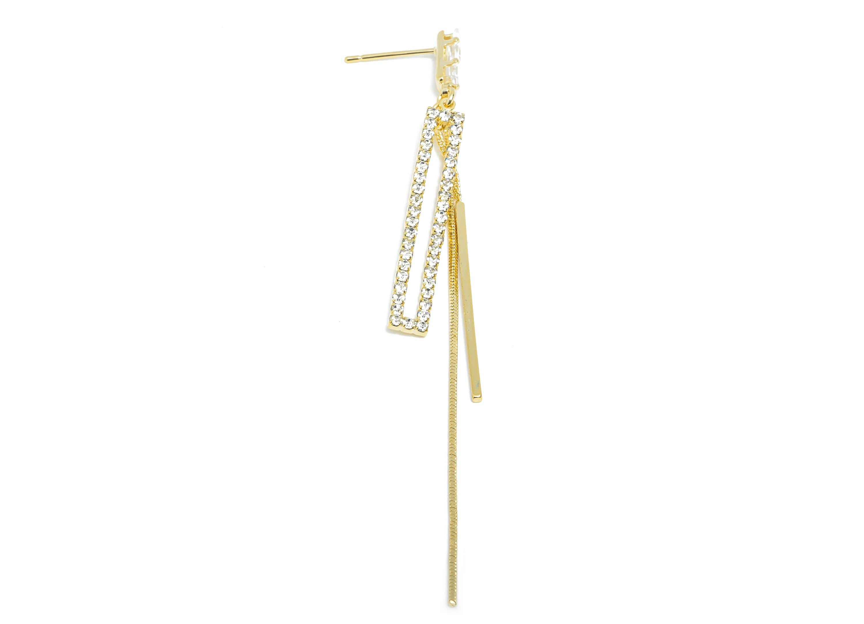 Brass Dangle Tassel Stud - Gold Rectangle Bar Earring Post - Snake Chian Zircon Earring Post - 18K Real Gold Plated - 85x5.15x0.79mm-RGP9598 - DOMEDBAZAAR