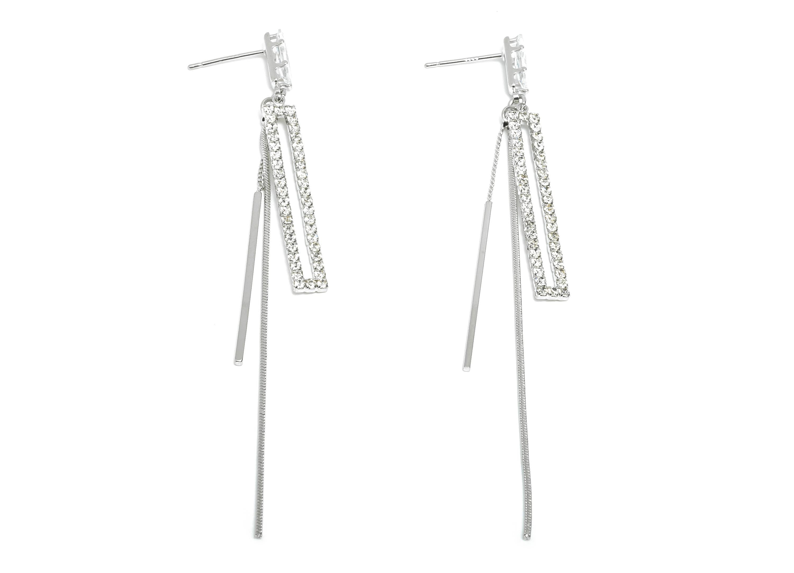 Brass Dangle Tassel Earring - Silver Rectangle Bar Earring Post - Snake Chian Zircon Stud - 18K White Gold Plated - 85x5.15x0.79mm -RGP9599 - DOMEDBAZAAR