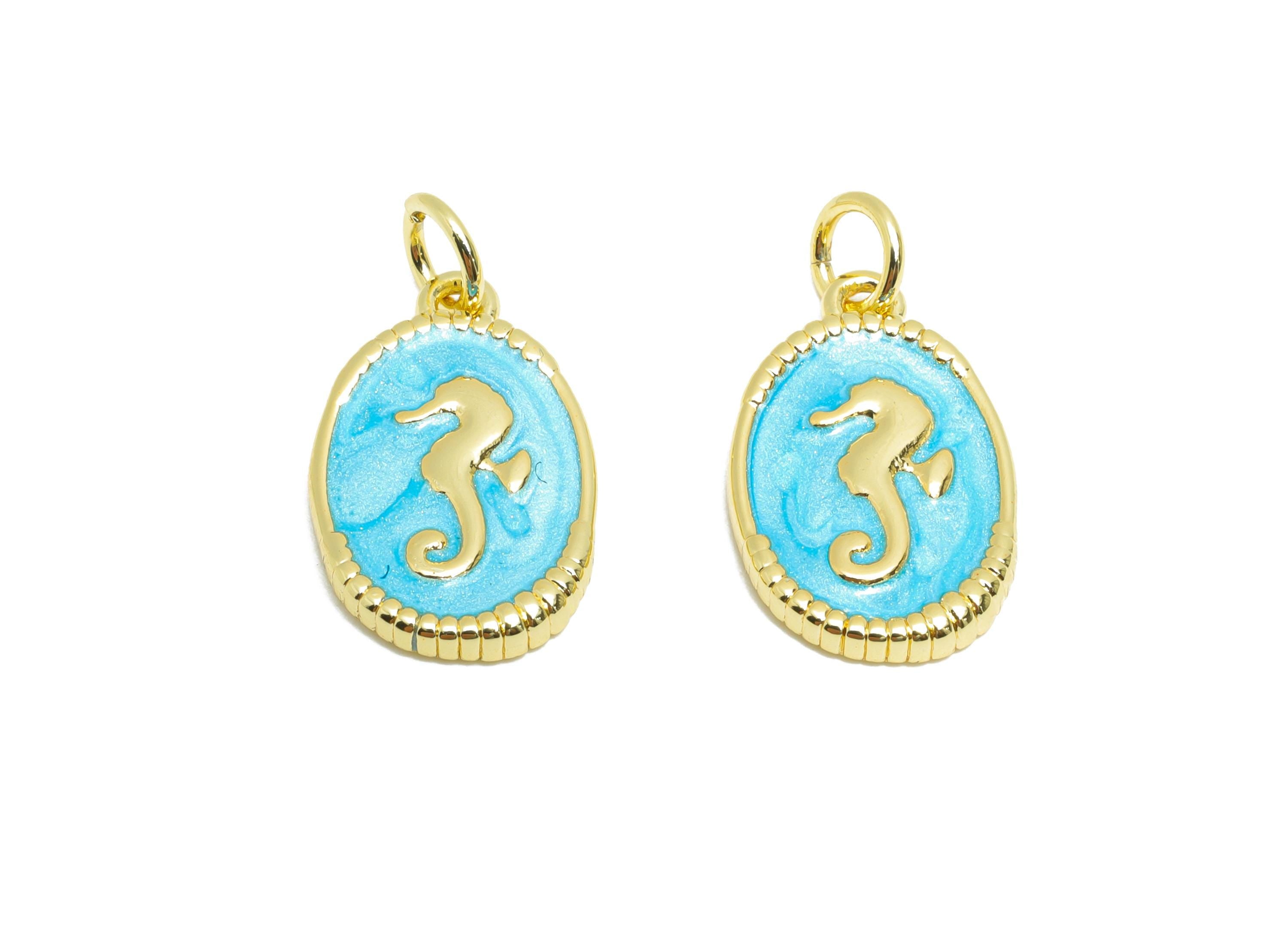 Brass Seahorse Charm - Marine Vintage Enamel Charm for Bracelet - Ocean DIY Crafting Jewelry - 18K Real Gold Plating - 17x10x2mm - RGP10559 - DOMEDBAZAAR