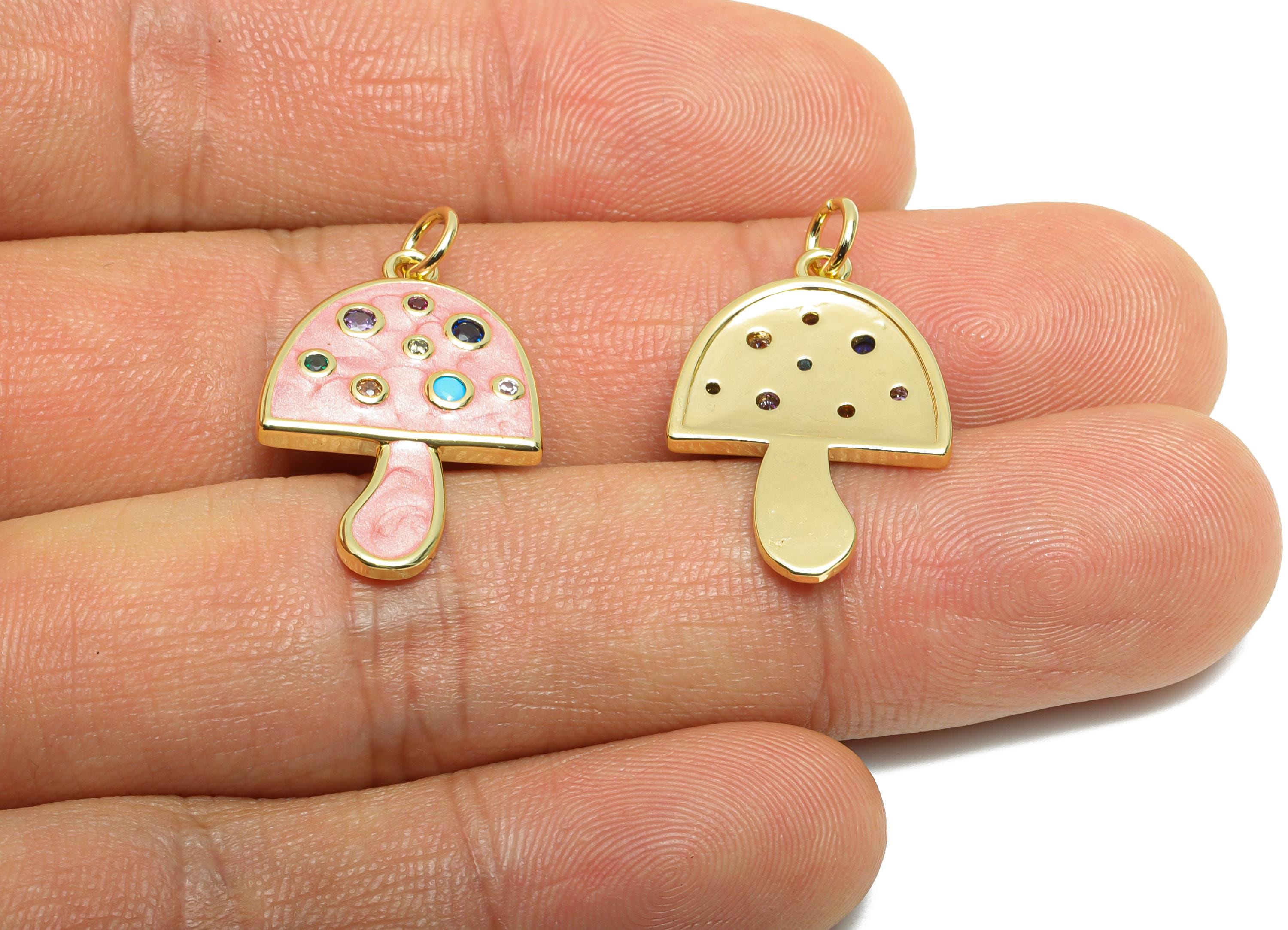 Brass Mushroom Earring Charm - Colorful Enamel Charm for Bracelet - Rainbow Cubic Zircon Charm - 18K Real Gold-Plated - 23x16x2mm - RGP10540 - DOMEDBAZAAR