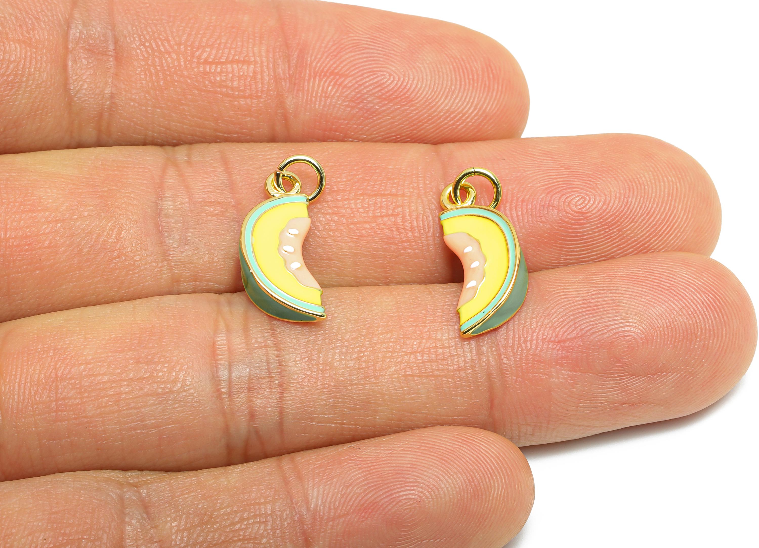 Brass Watermelon Earring Charm - Colorful Enamel Charm for Bracelet -  Summer Cute Jewelry - 18K Real Gold-Plated - 18x7x4.81mm - RGP10541 - DOMEDBAZAAR