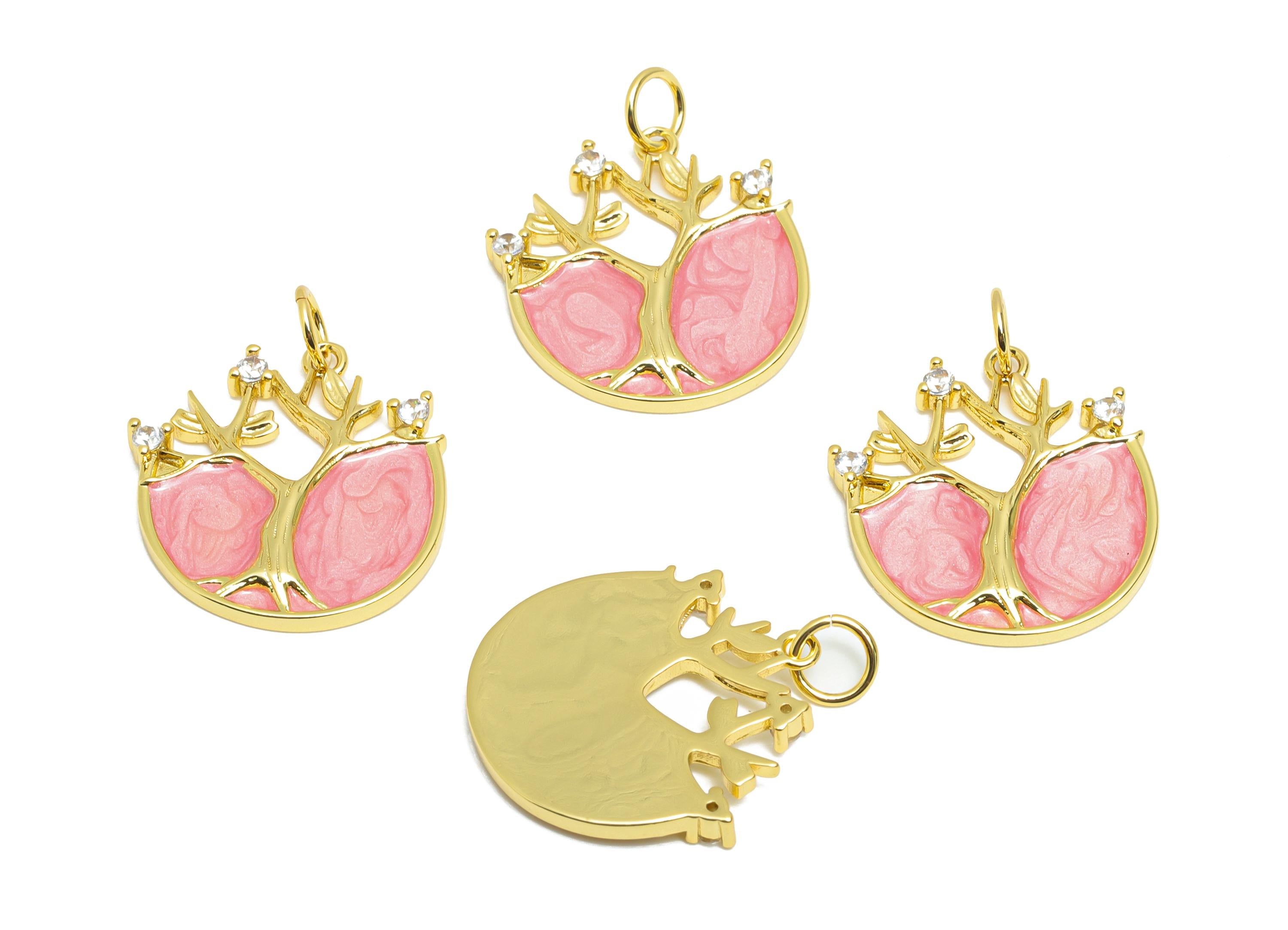 Brass Tree of Life Charm - Colorful Enamel CZ Charm for Bracelet - Chic Jewelry Accessories - 18K Real Gold-Plated - 19.57x18x2mm - RGP10553 - DOMEDBAZAAR