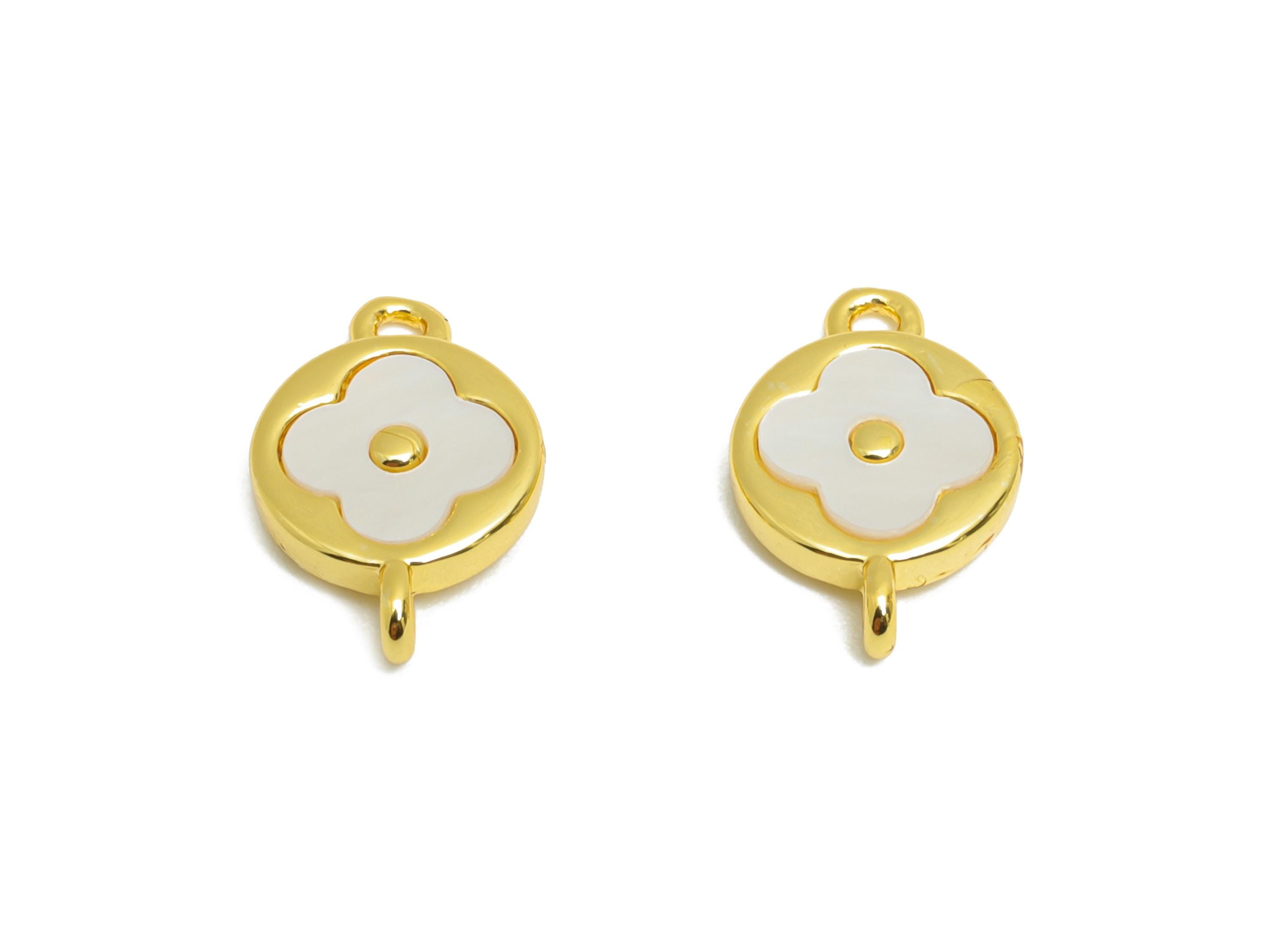 Shell Round Bracelet Charm - Brass Dainty Shell Four-Leaf Clover Charm - Gold Jewelry Connector - 18K Real Gold Plated - 13x8x2mm - RGP10674 - DOMEDBAZAAR