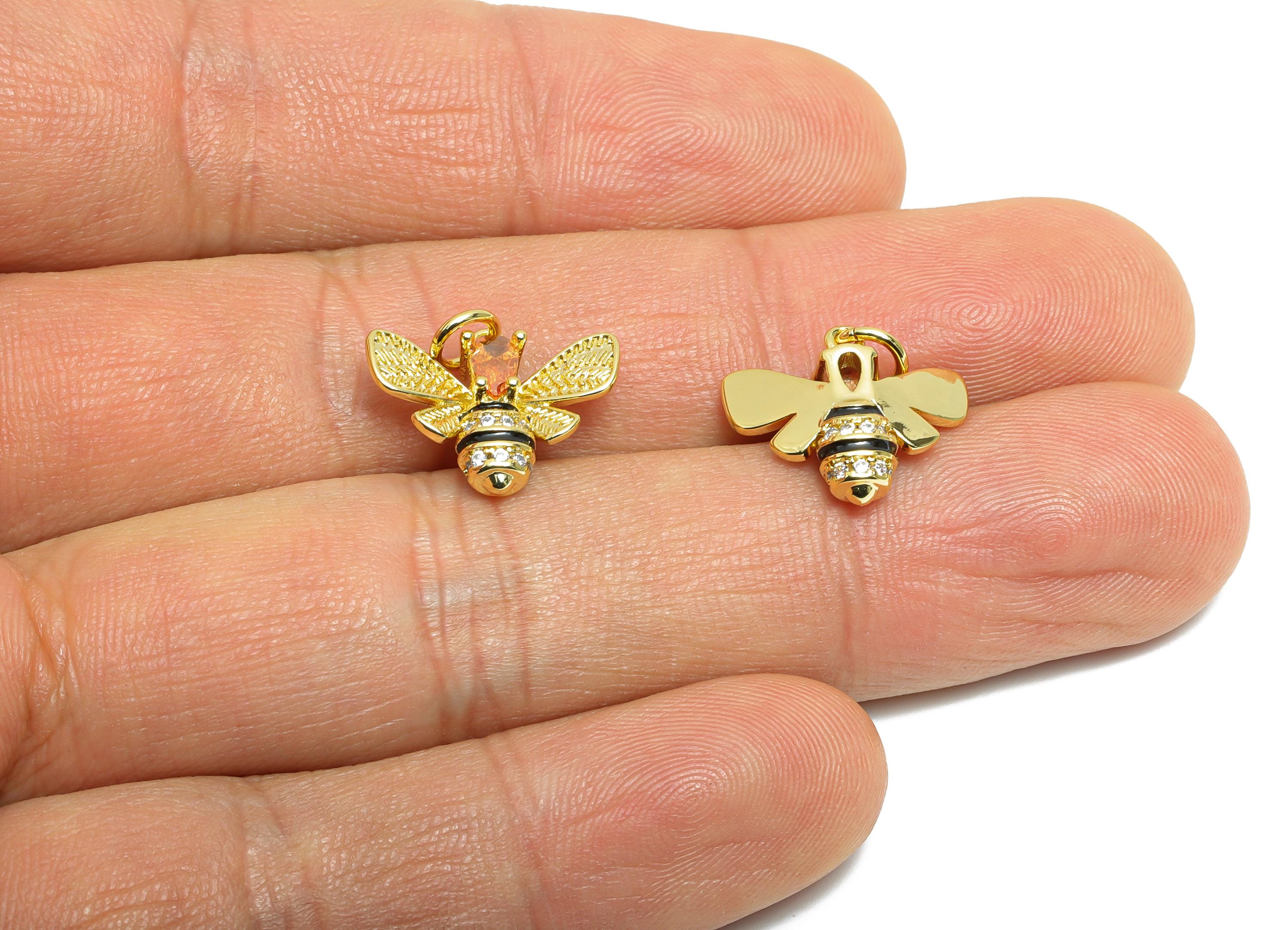 Brass Bee CZ Pendant - Brass Dainty Enamel Cubic Zircon - CZ Teardrop Bee Earring Pendant - 18K Real Gold Plated - 11x15.63x4mm - RGP10591 - DOMEDBAZAAR
