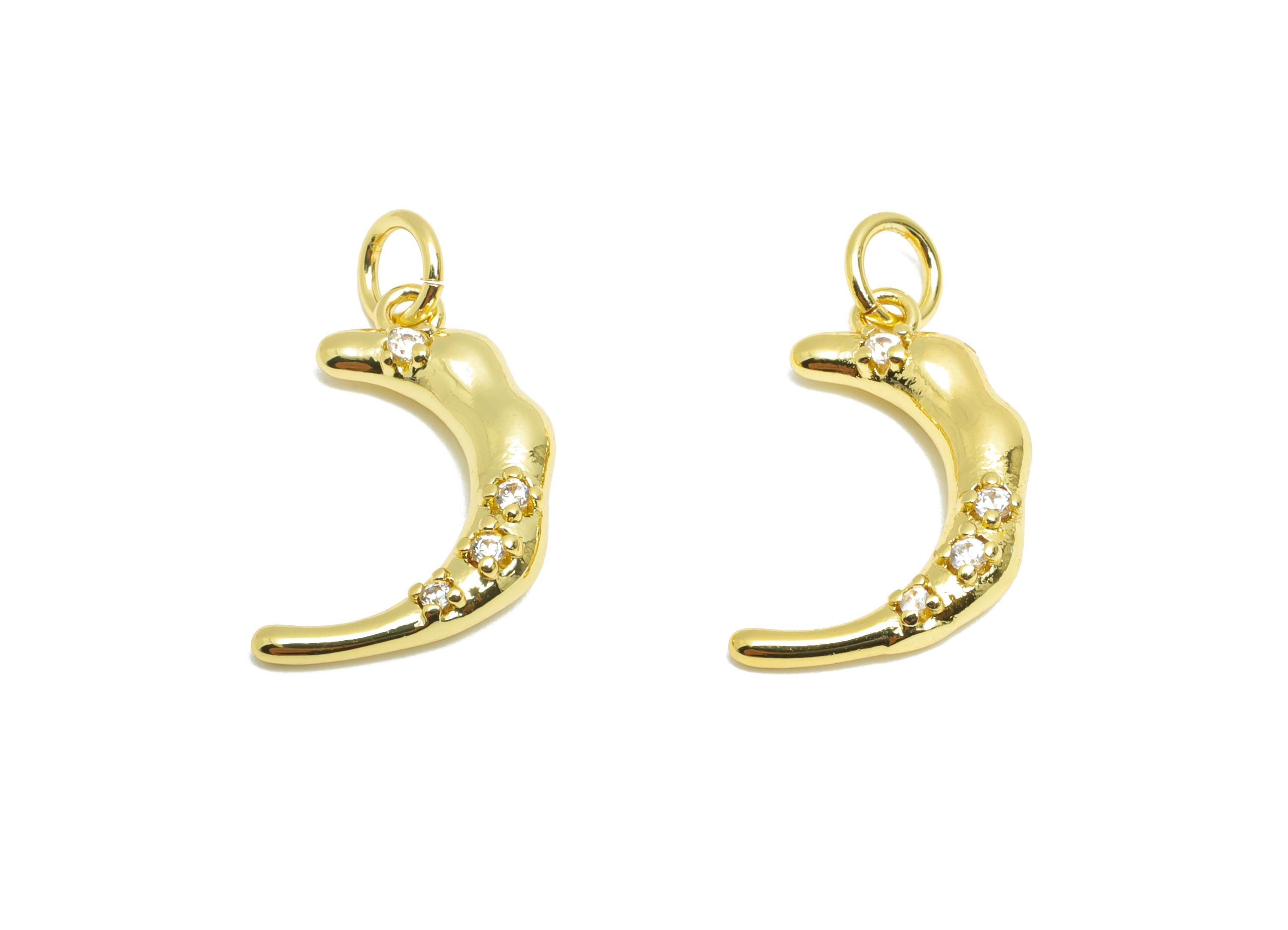 Brass Crescent Bracelet Charm - Sparkling Zircon Moon Charm - Textured Jewelry Accessories - 18K Real Gold Plated - 14.6x9x3.46mm -RGP10590 - DOMEDBAZAAR