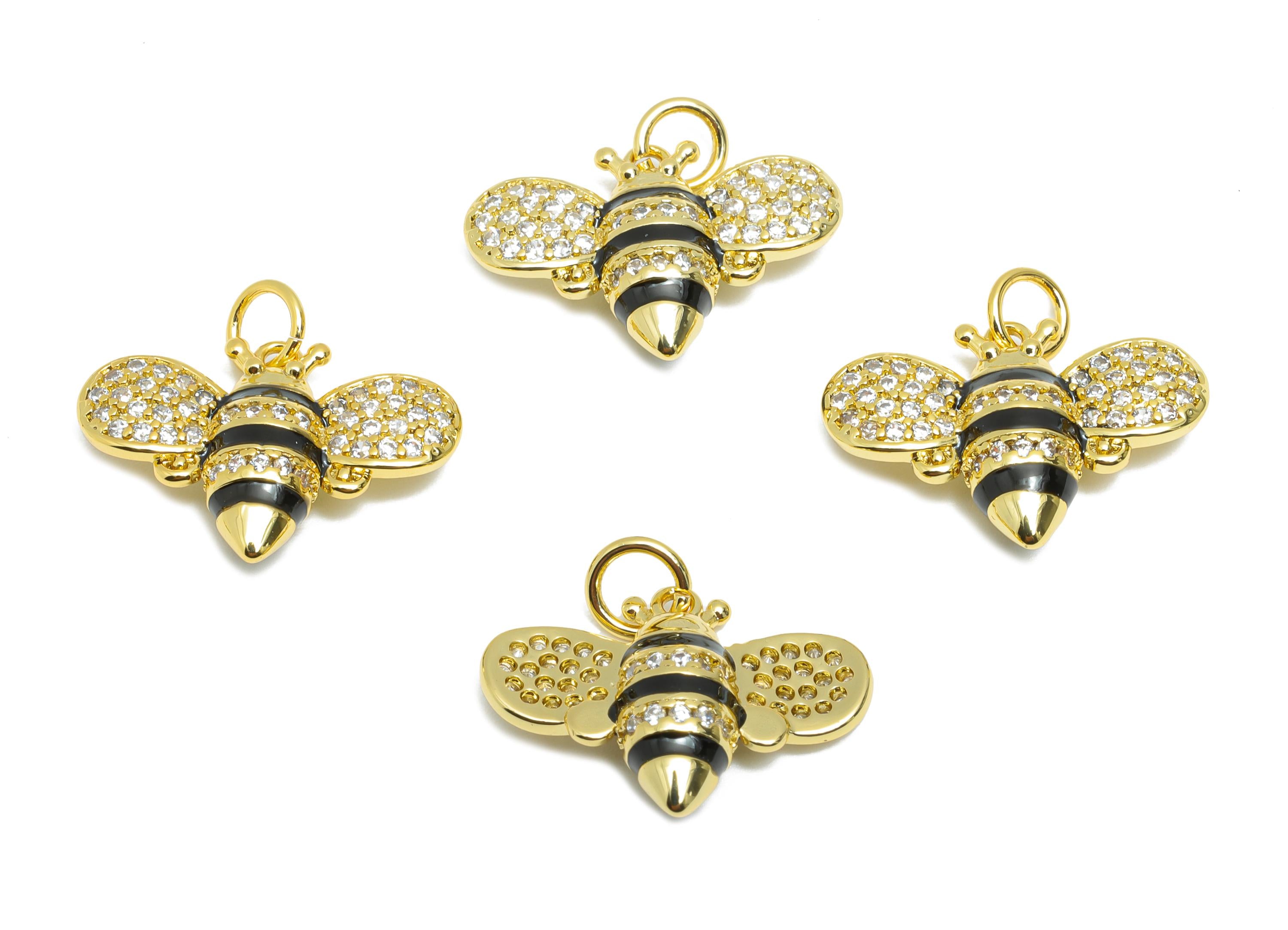 Brass Bee CZ Pendant - Brass Dainty Enamel Cubic Zircon - CZ Teardrop Bee Earring Pendant - 18K Real Gold Plated - 14x19x5.4mm - RGP10582 - DOMEDBAZAAR