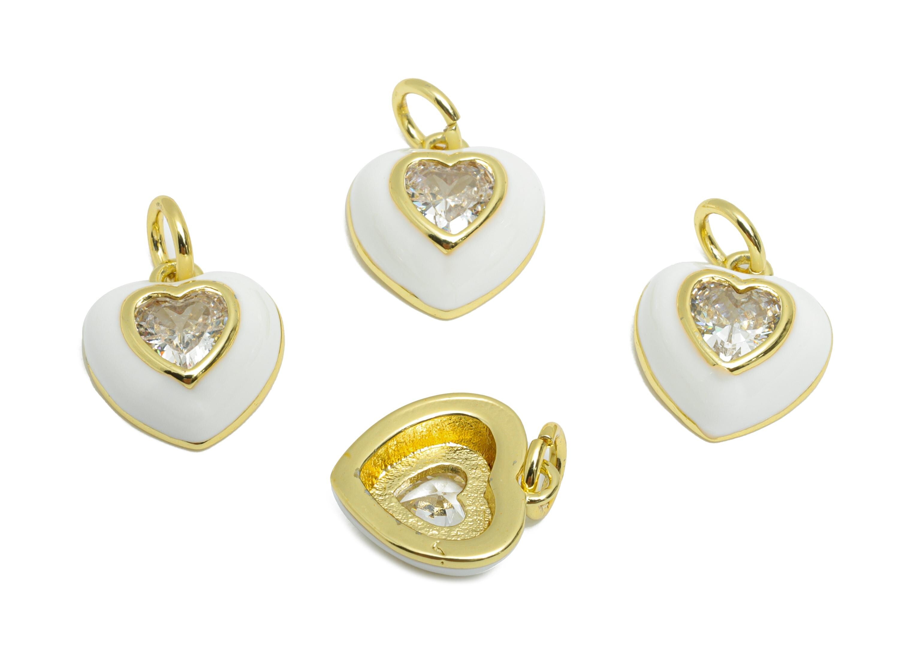Brass Heart CZ Charm - Brass Dainty Enamel Cubic Zircon Charm - Mini Heart Earring Charm - 18K Real Gold Plated - 11x10x4.15mm - RGP10549 - DOMEDBAZAAR
