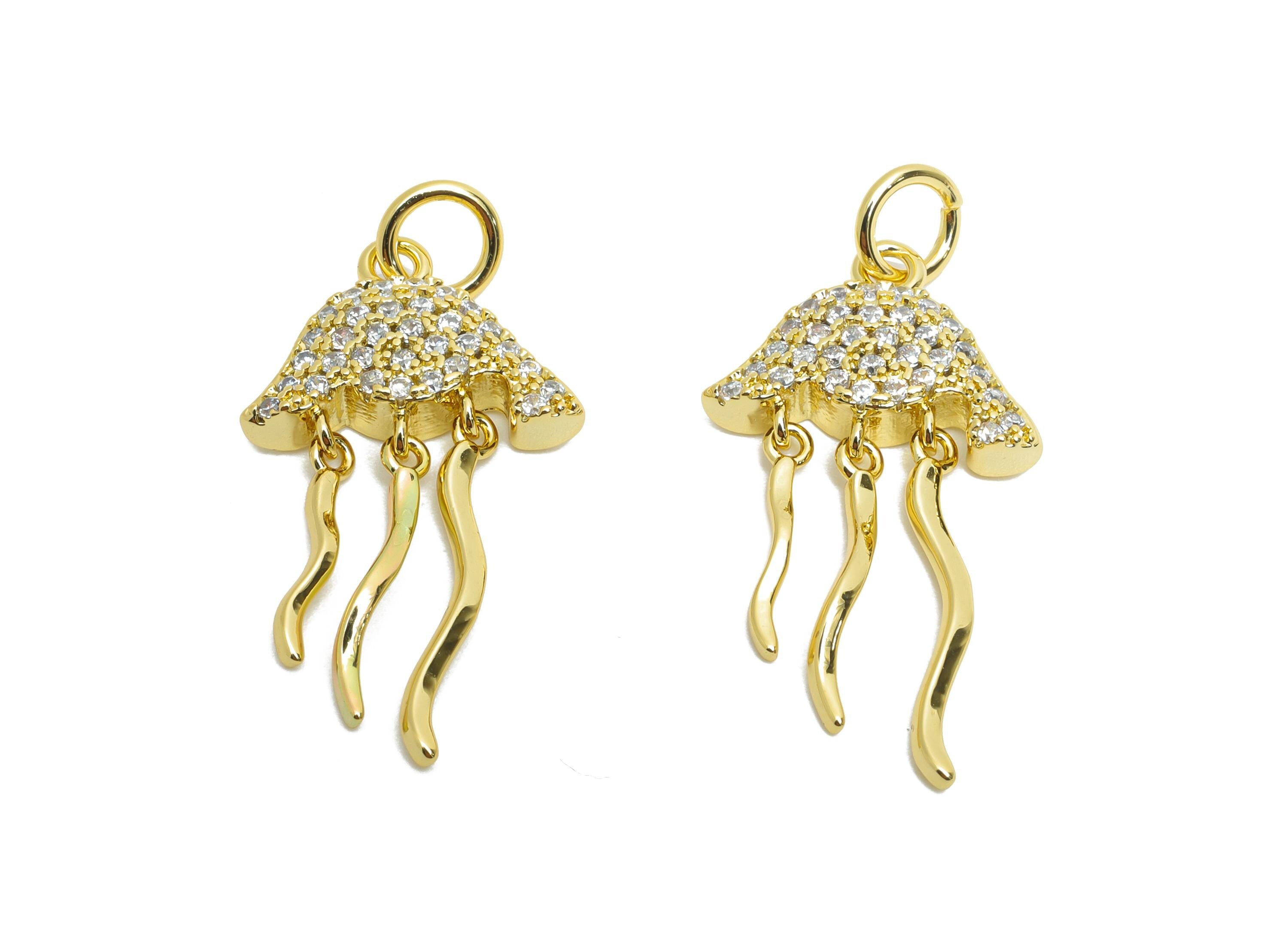 Brass Jellyfish Charm - Brass Dainty Dangle Cubic Zircon Charm - Gold Ocean Earring Charm - 18K Real Gold Plated - 22x12x3.18mm - RGP10578 - DOMEDBAZAAR