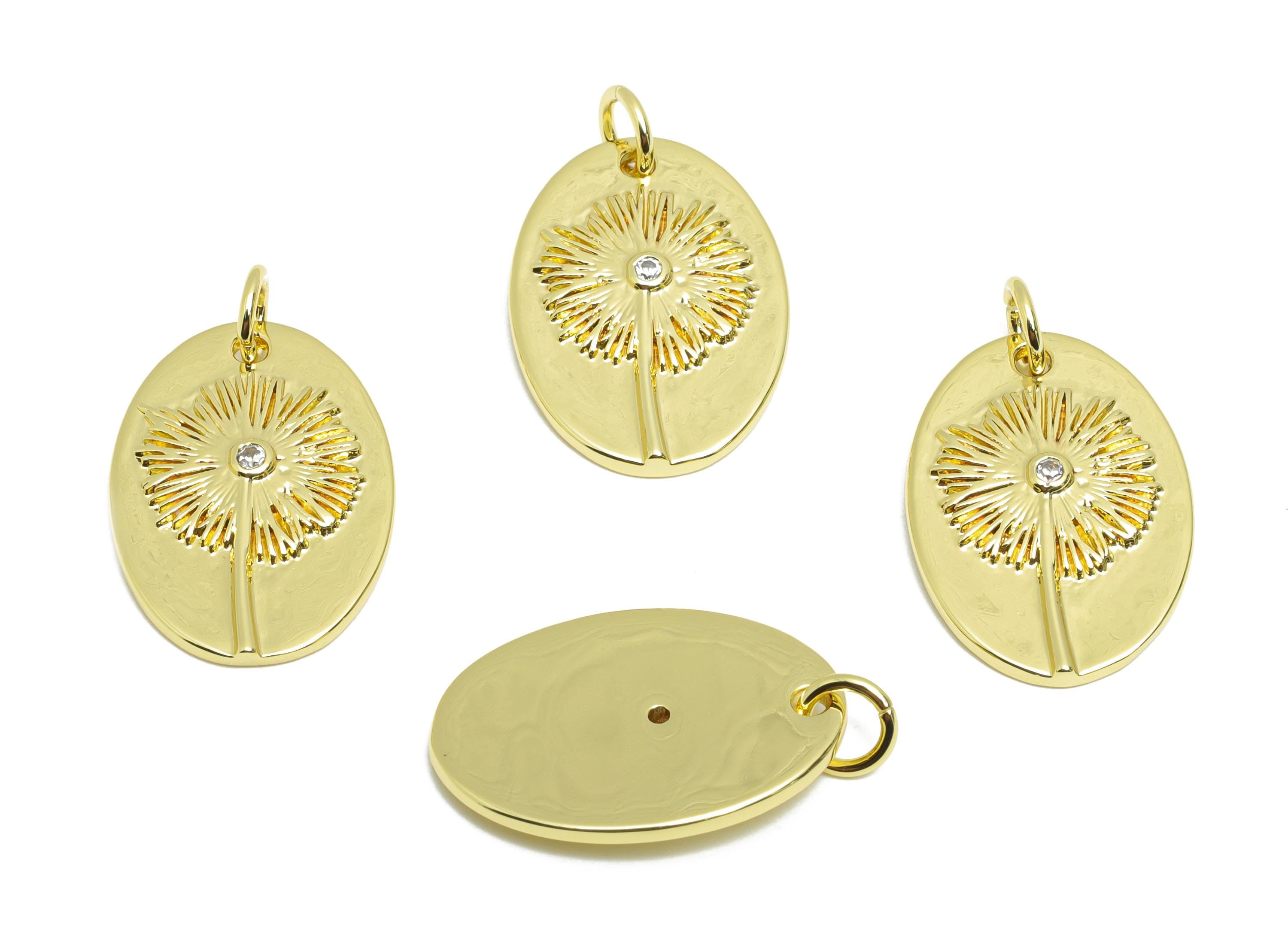Brass Dandelion CZ Charm - Brass Dainty Cubic Zircon Charm - Brass Flower Earring Charm - 18K Real Gold Plated - 19x13x2.52mm - RGP10554 - DOMEDBAZAAR
