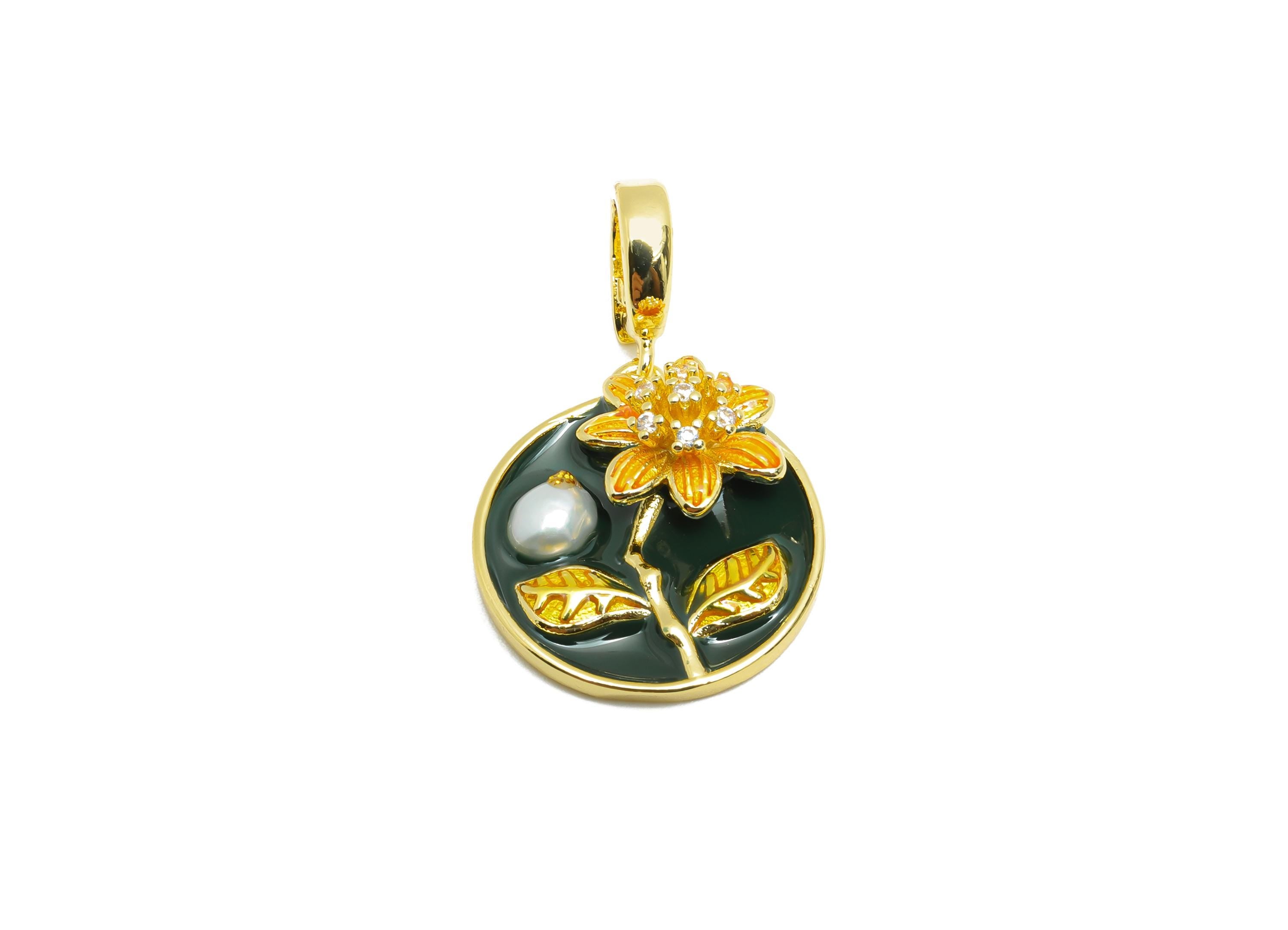 Enamel Pearl Floral Pendant - Chic Round Brass CZ Pendant - Openable Necklace Pendant - Dainty Jewelry -18K Gold Plated -19x17x6mm -RGP10665 - DOMEDBAZAAR