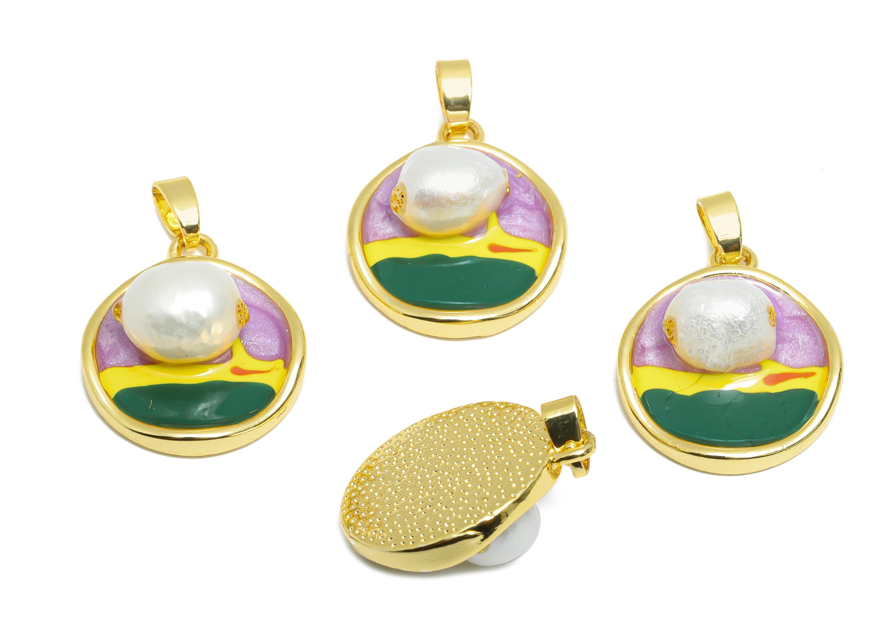 Pearl Round Pendant - Brass Enamel Dainty with Pearl Pendant - Chic Necklace Pendant - 18K Real Gold Plated - 19.2x16.5x7.57mm - RGP10644 - DOMEDBAZAAR