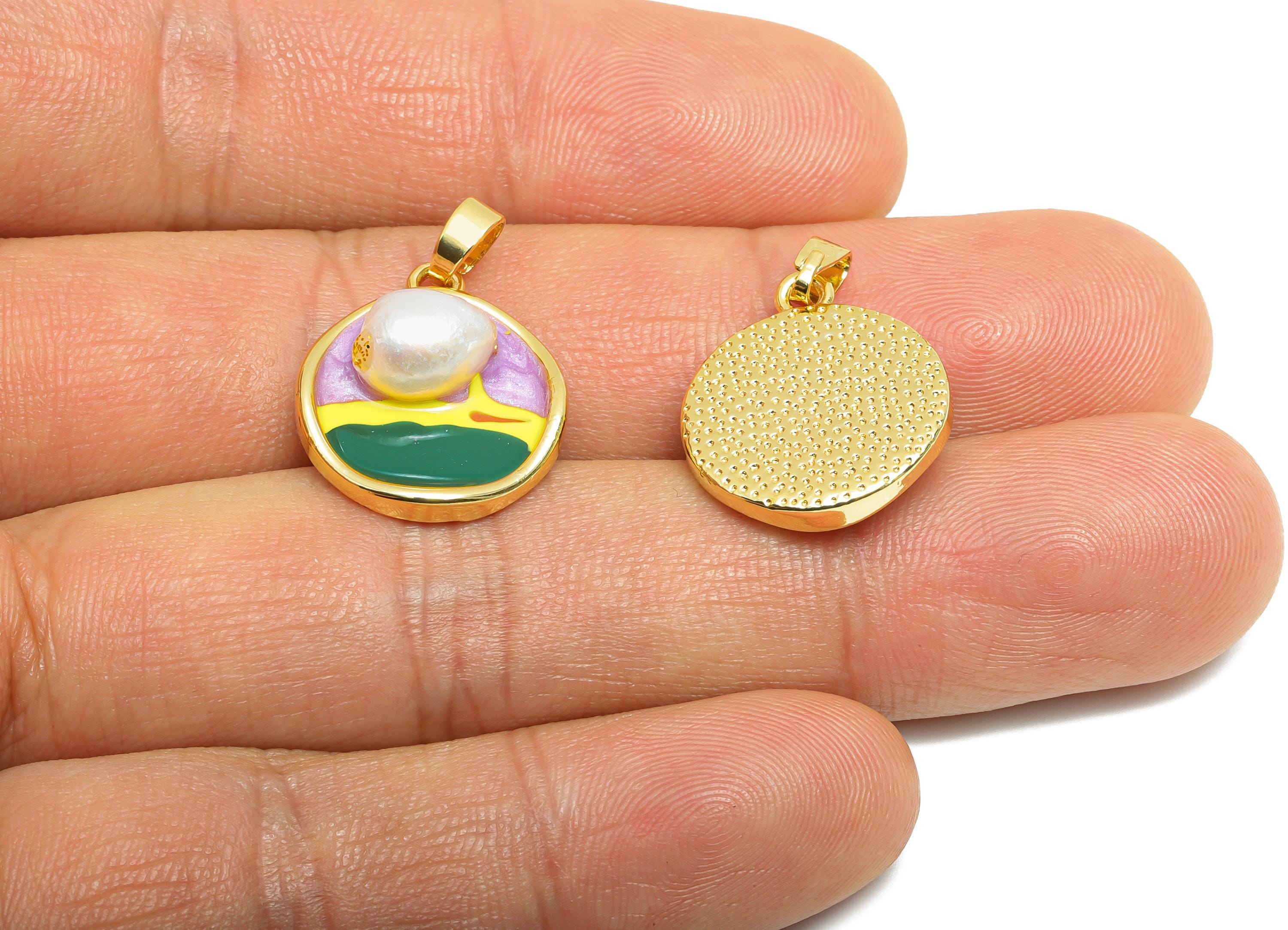 Pearl Round Pendant - Brass Enamel Dainty with Pearl Pendant - Chic Necklace Pendant - 18K Real Gold Plated - 19.2x16.5x7.57mm - RGP10644 - DOMEDBAZAAR