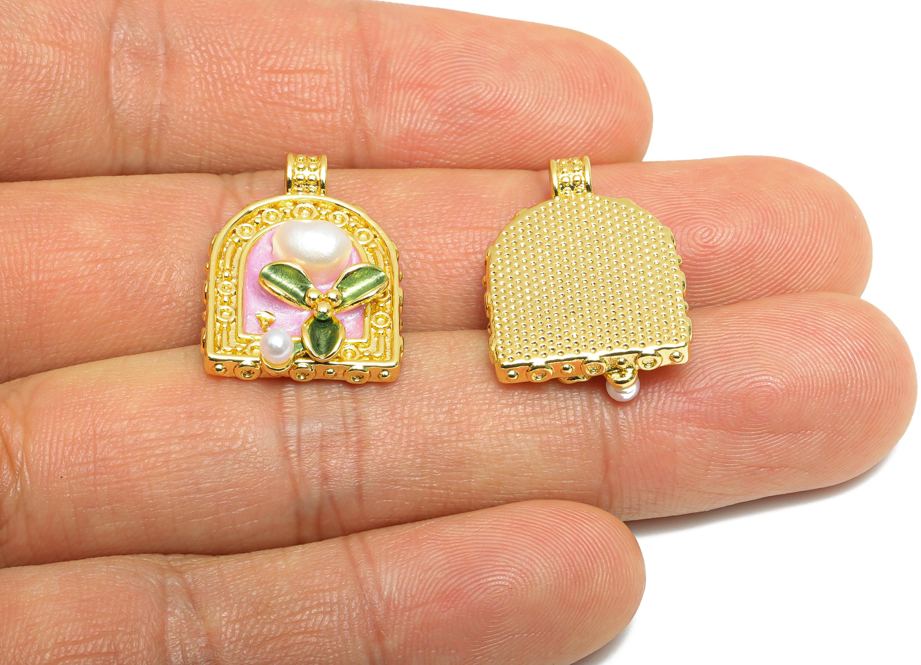 Domed Pearl Pendant - Dainty Brass Enamel Flower with Pearl Pendant - Chic Necklace Pendant - 18K Gold Plated - 22.48x16.63x5.87mm -RGP10683 - DOMEDBAZAAR