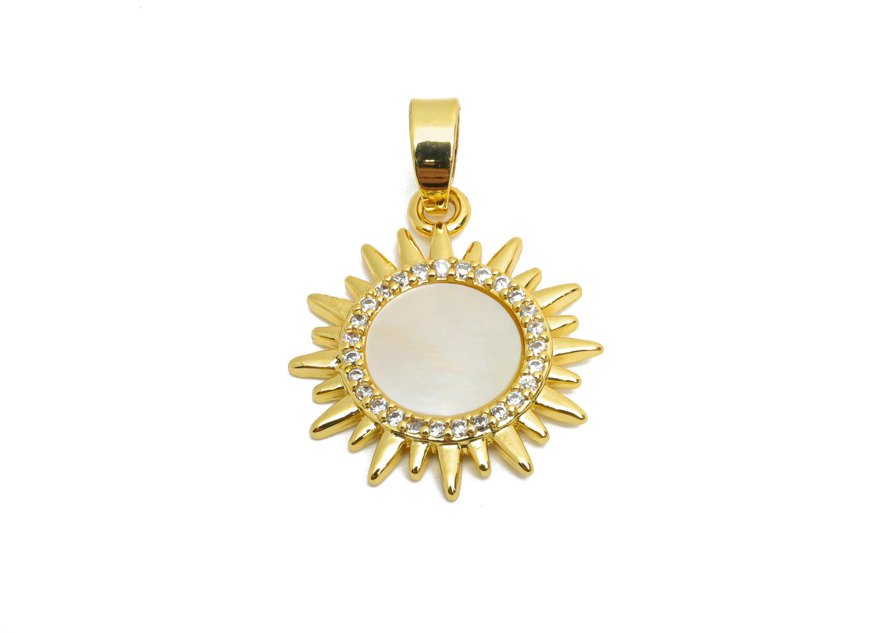 Shell Sunflower Pendant - Gold Textured CZ Sun Pendant - Minimalism Necklace Jewelry - 18K Real Gold Plated - 19.22x16.46x1.96mm - RGP10663 - DOMEDBAZAAR