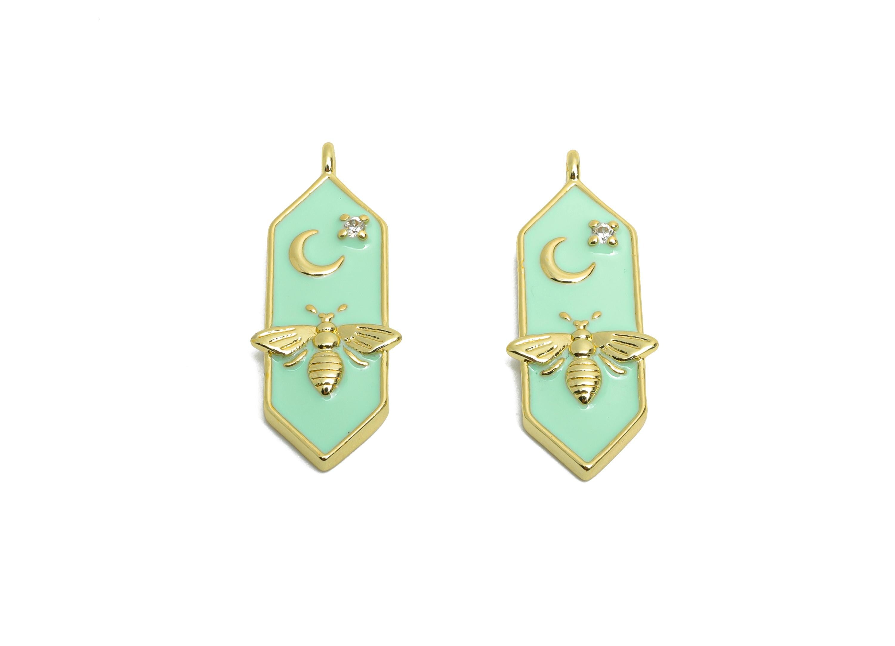 Brass Hexagon CZ Charm - Dainty Enamel Bee Moon Charm - Gold Bee Jewelry Accessories - 18K Real Gold Plated - 24.62x9.85x2.72mm - RGP10580 - DOMEDBAZAAR